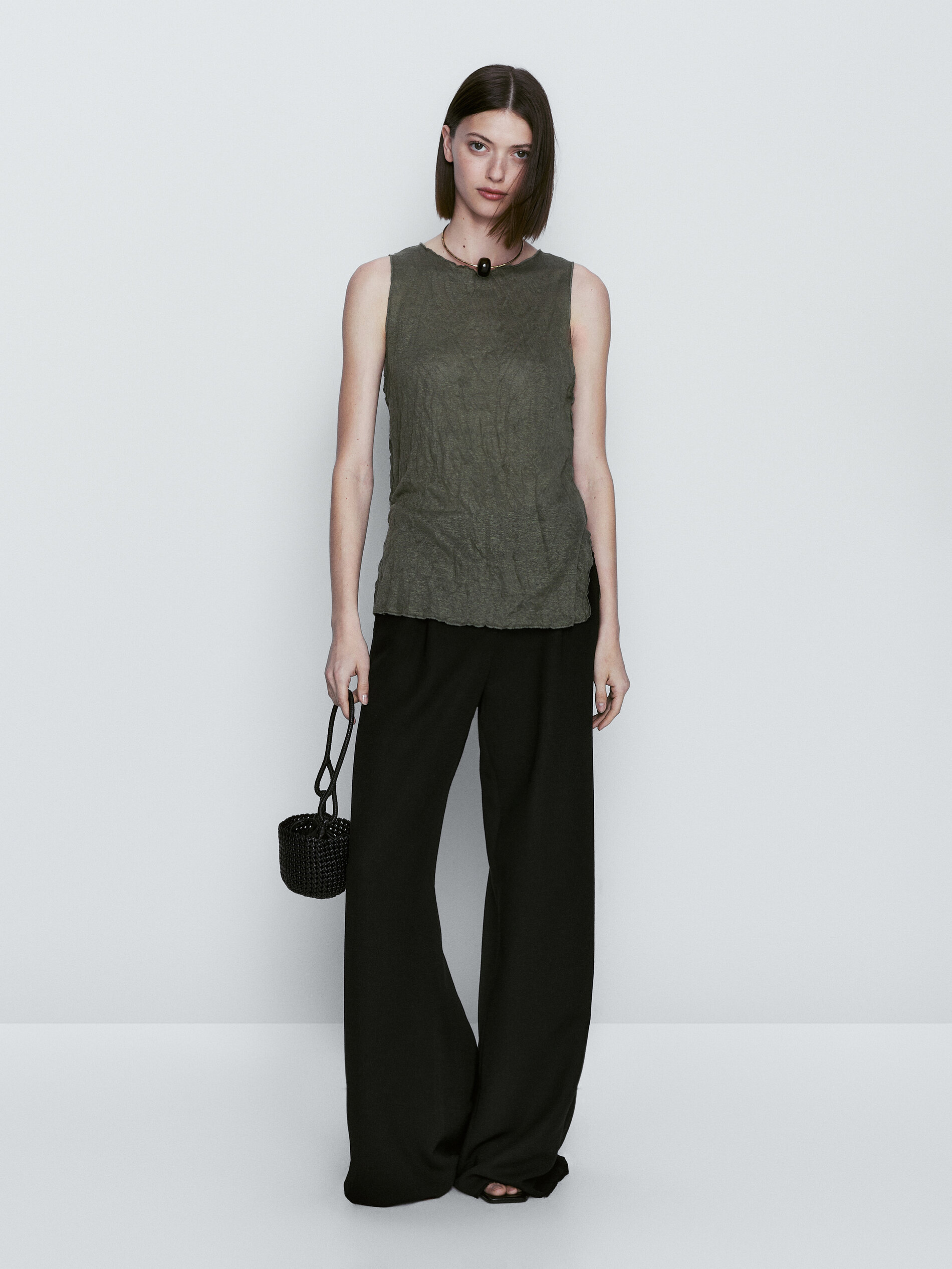 Camiseta mezcla lino efecto arrugado - KAKI CLARO