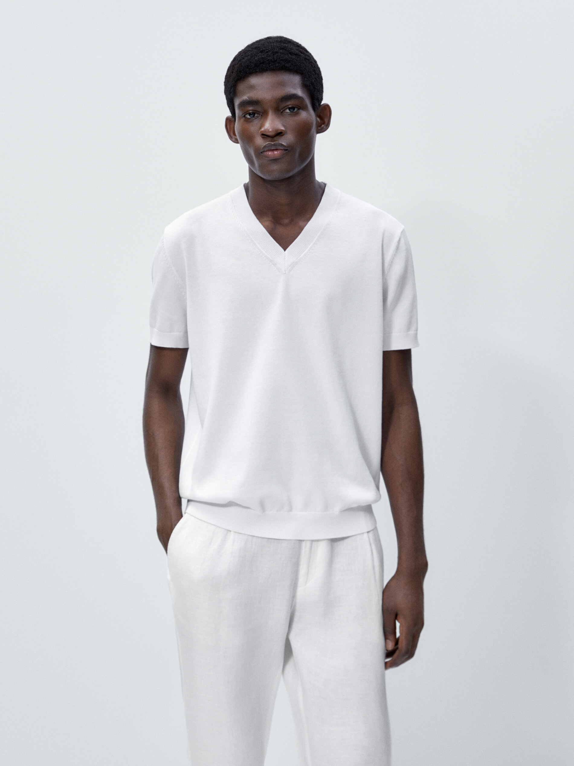Jersey punto manga corta cuello pico - BLANCO