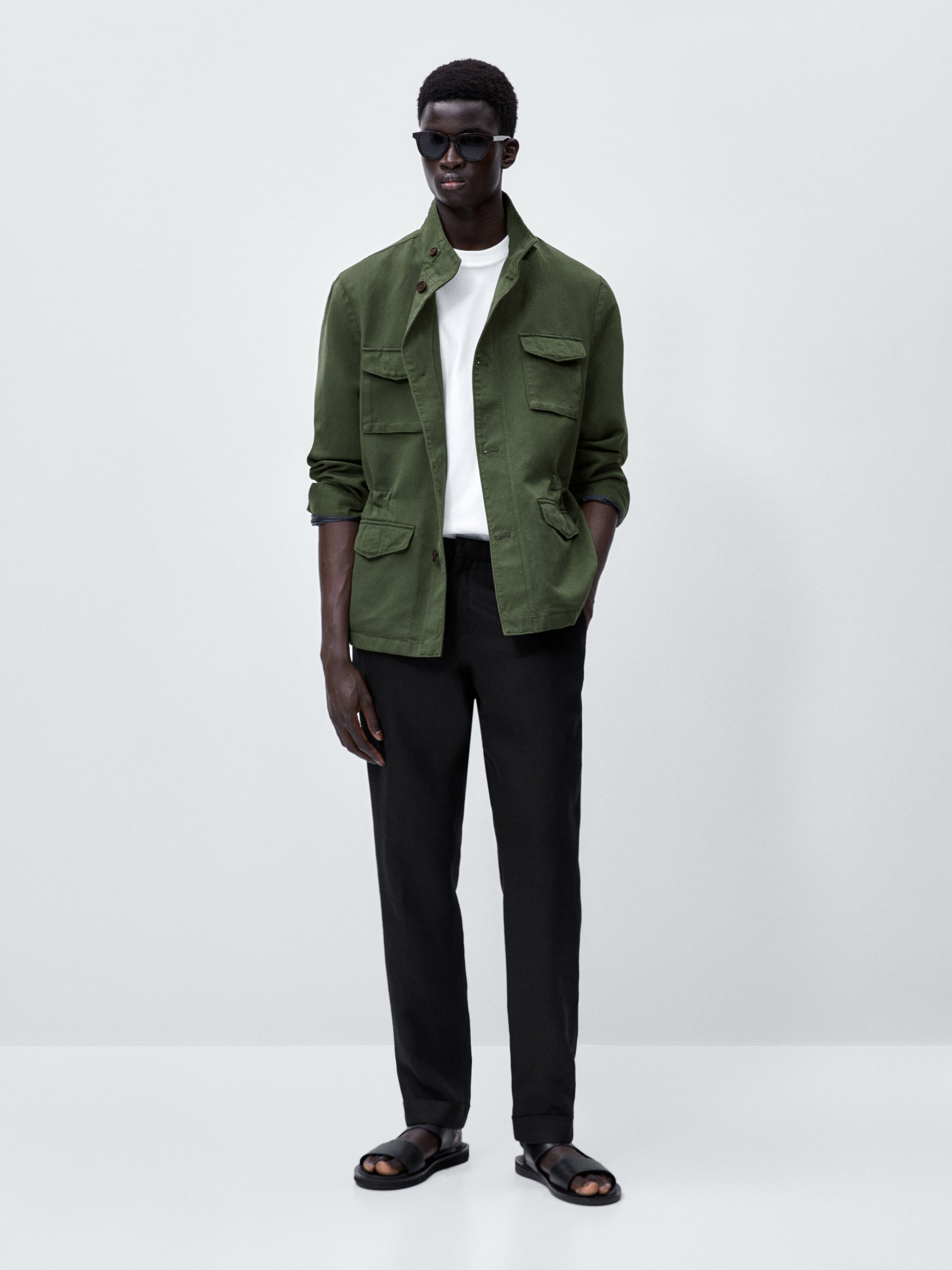 Chaqueta con algodón y lino bolsillos - KAKI