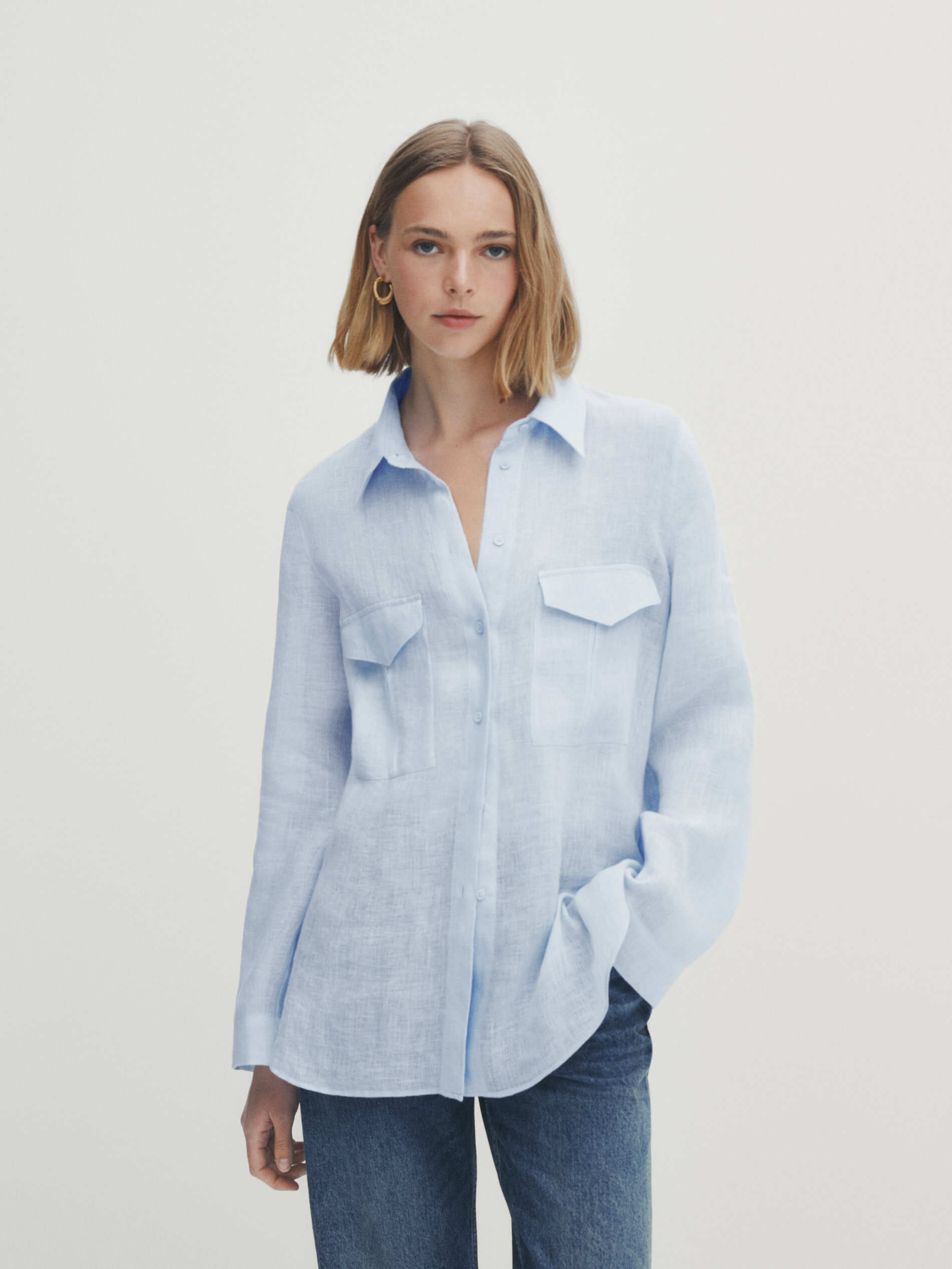 Camisa 100% lino bolsillos - Azul Claro