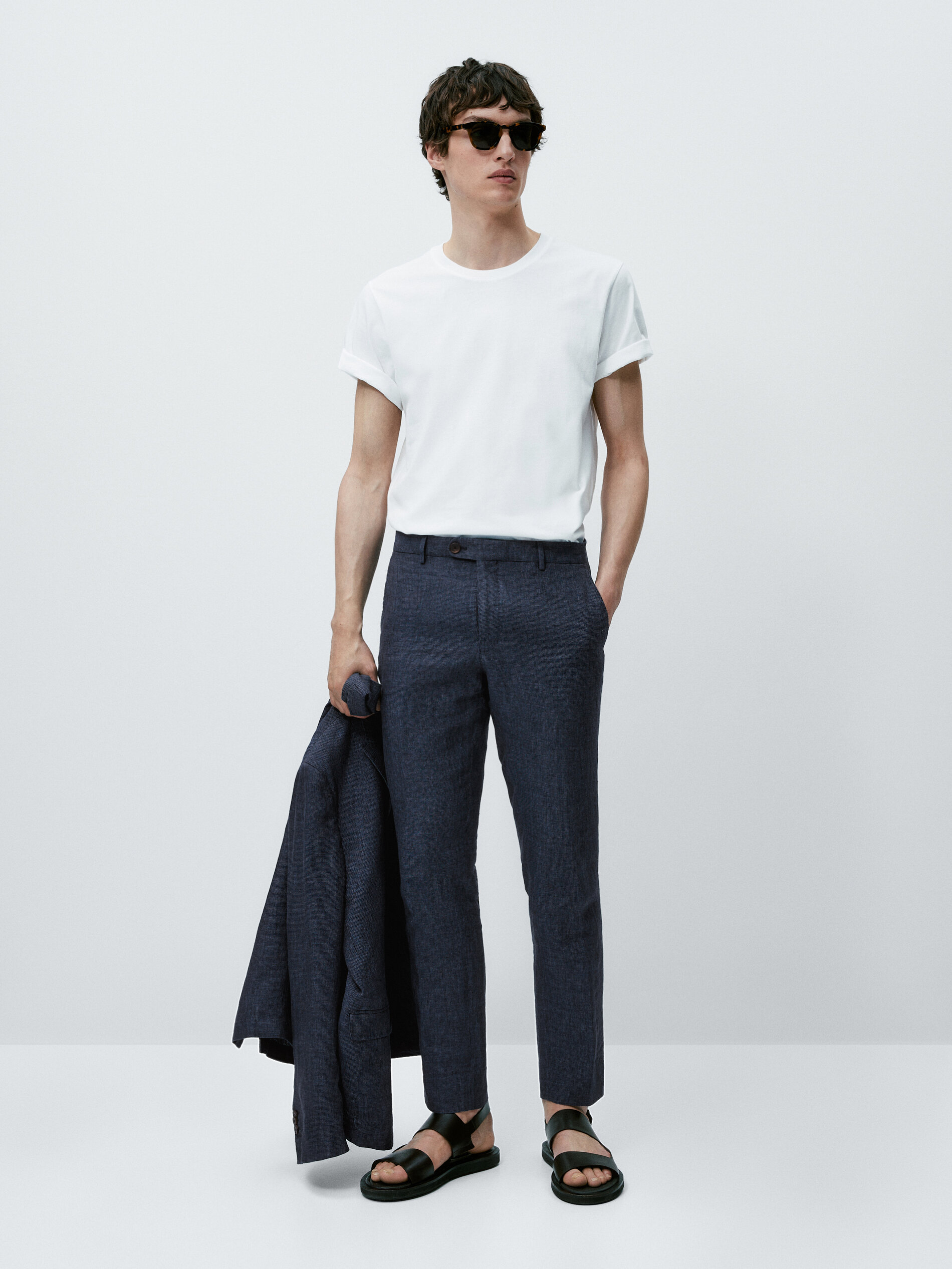 Pantalón traje lino lavado pata de gallo - AZUL