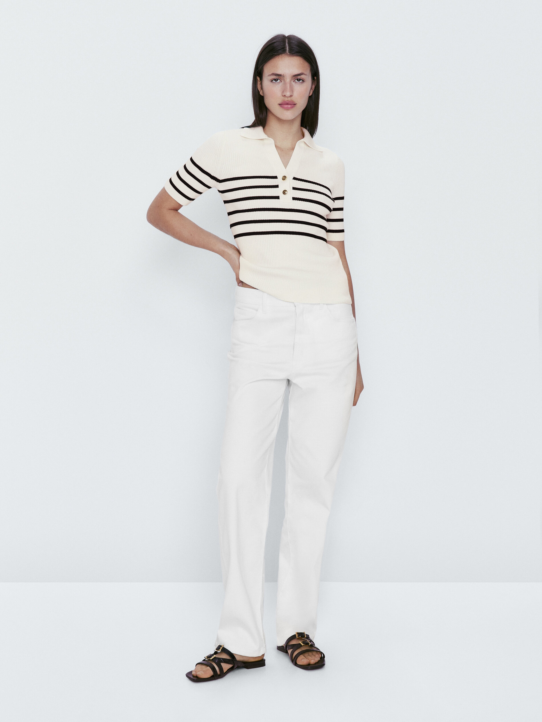 Jersey cuello polo canalé rayas - CRUDO