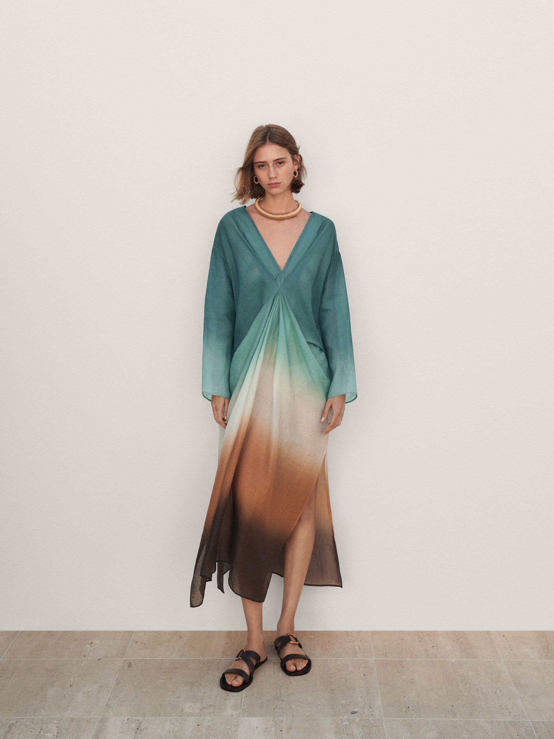 Vestido túnica pliegues degradado - TURQUESA