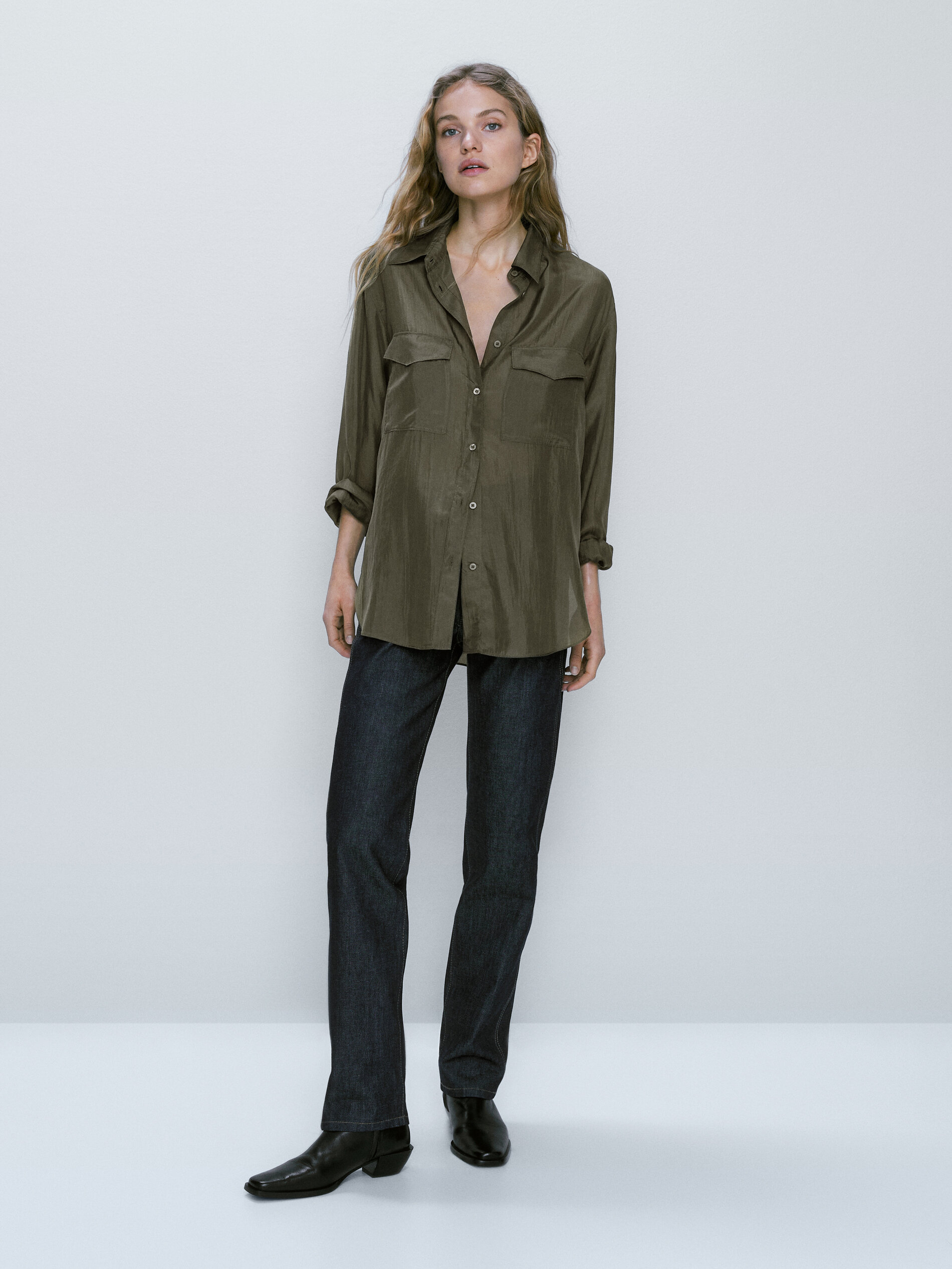 Camisa seda bolsillos - KAKI OSCURO