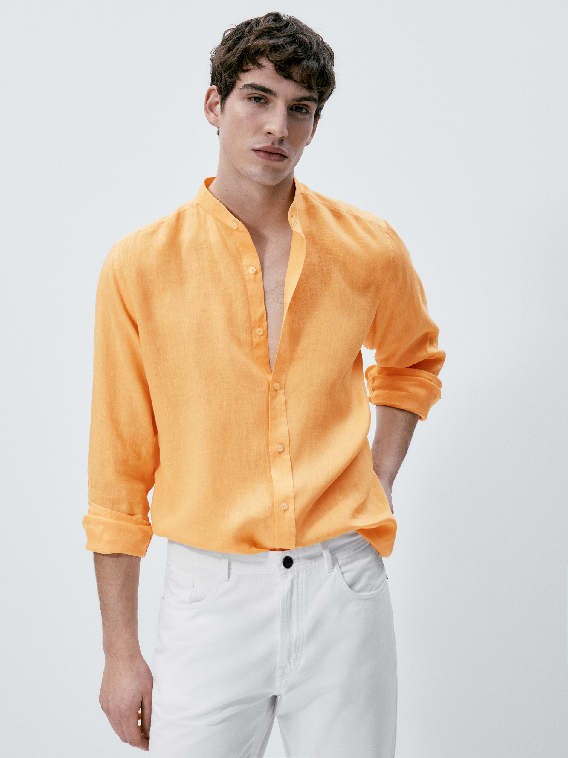 Camisa 100% lino cuello mao slim fit - NARANJA