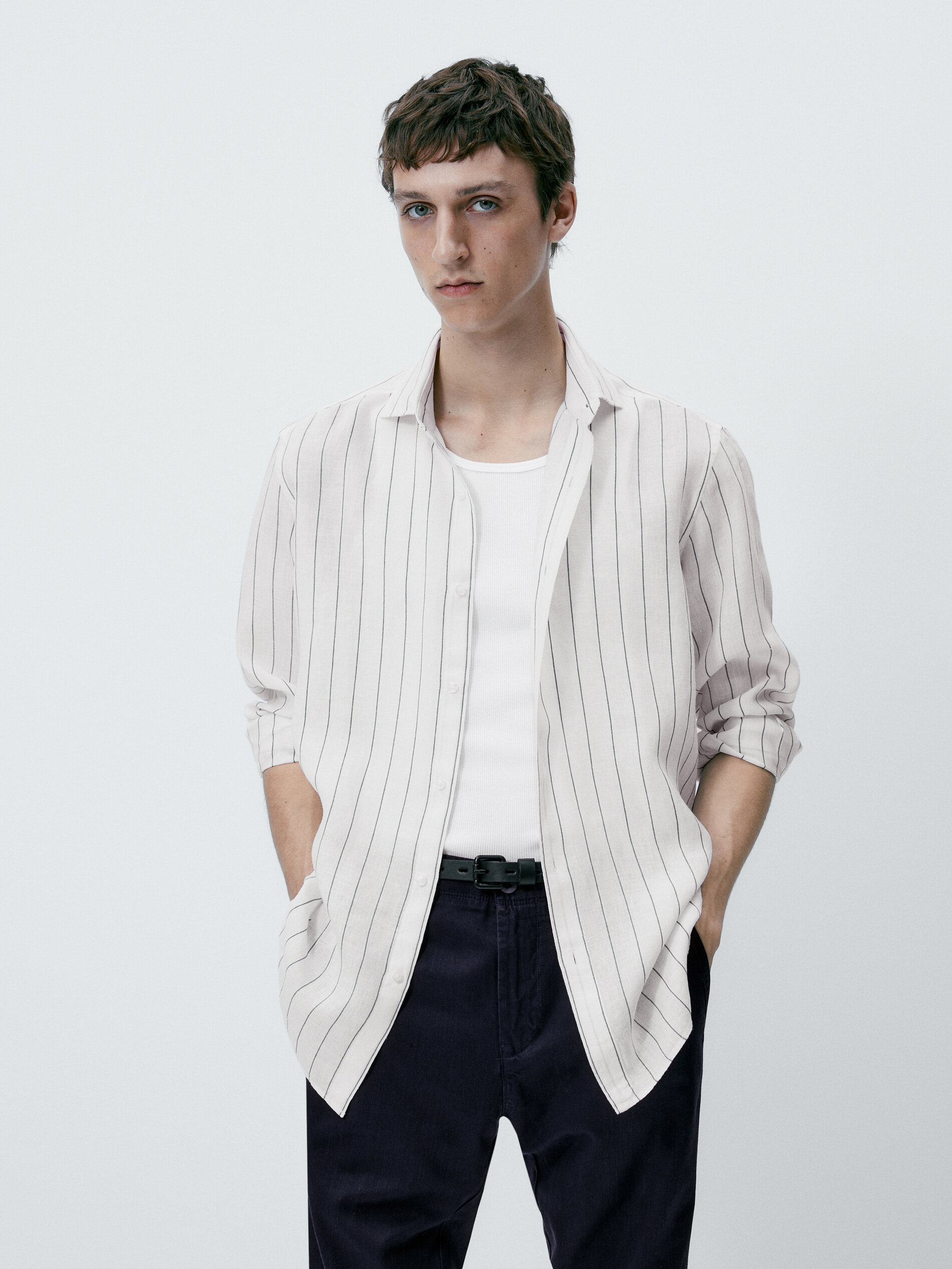 Camisa rayas mezcla lino algodón regular fit - AZUL OSCURO