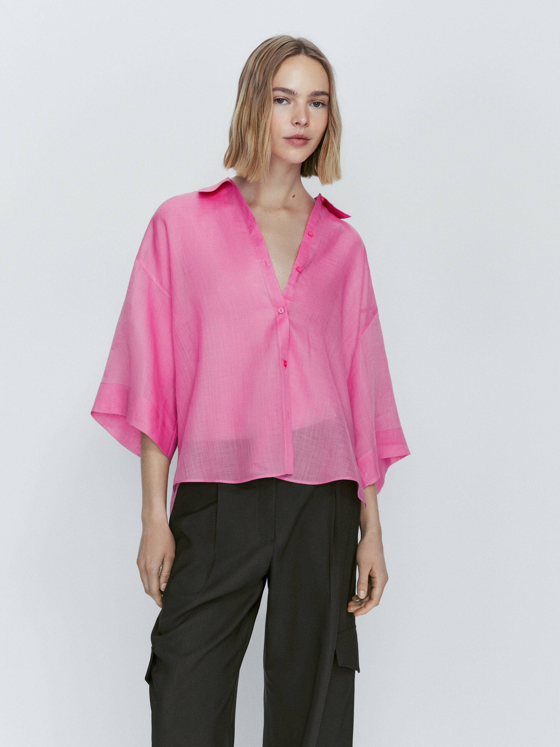 Camisa 100% ramio manga corta - ROSA