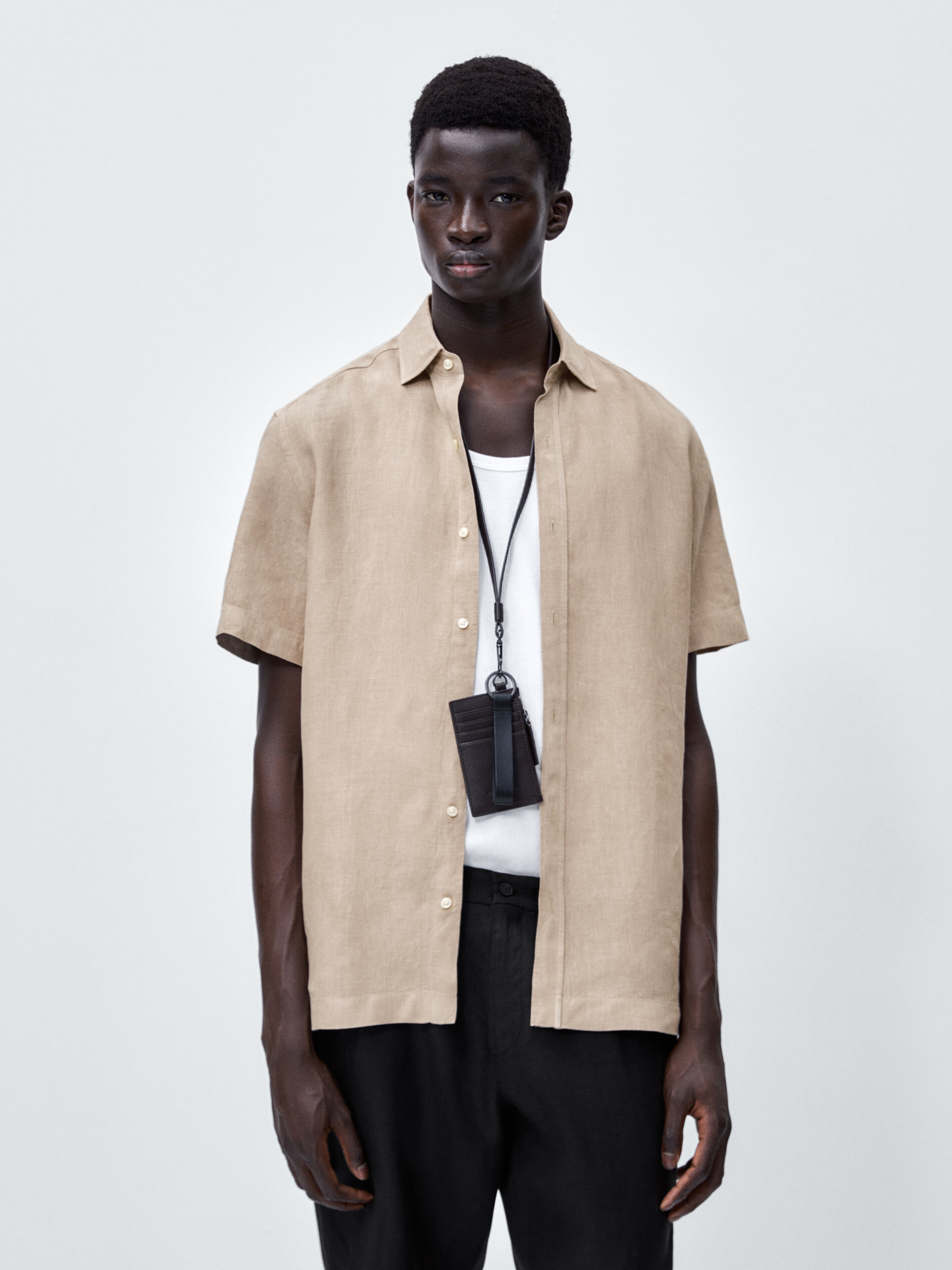 Camisa lino manga corta regular fit - TOSTADO