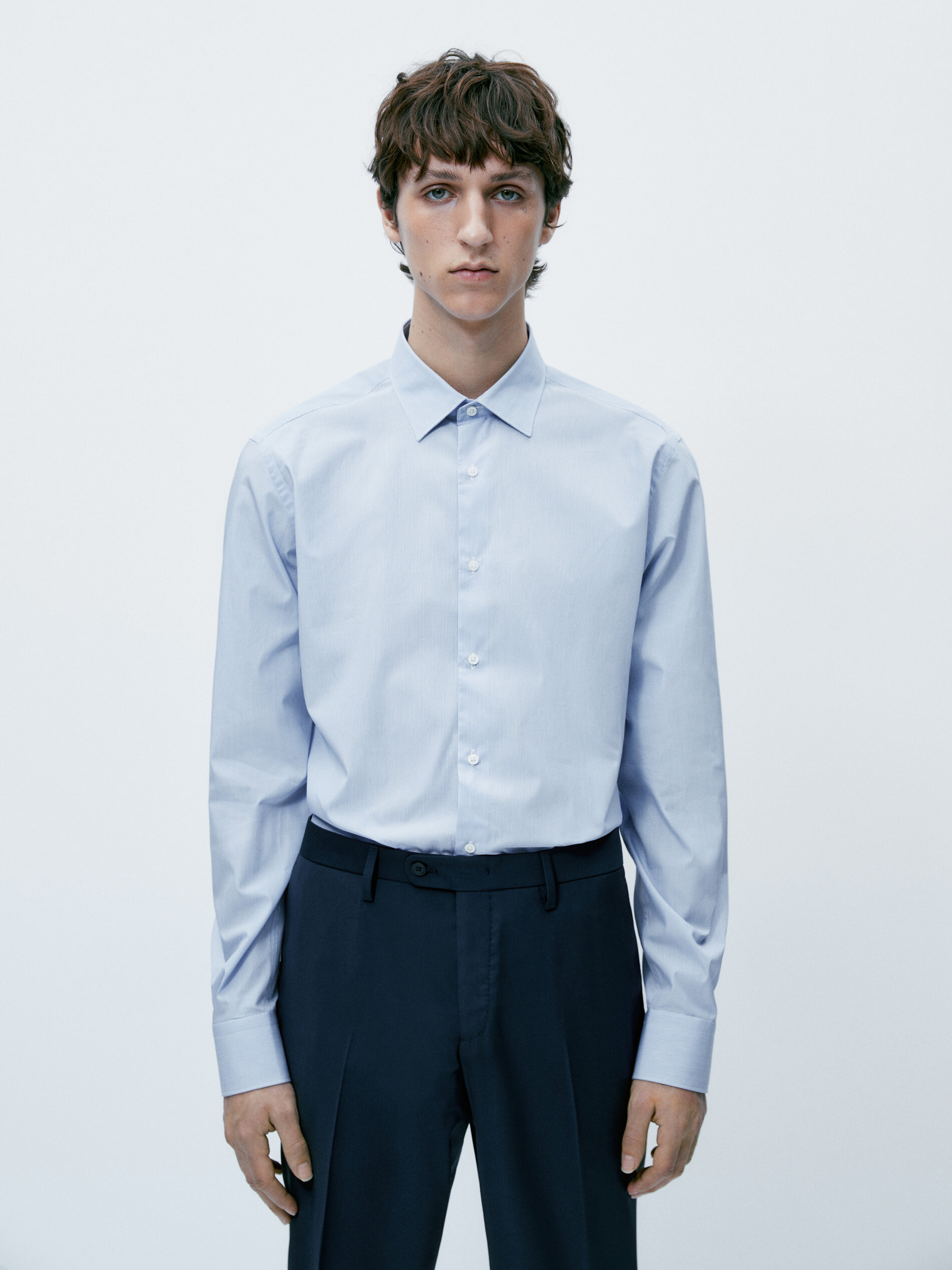 Camisa rayas algodón slim fit - CELESTE