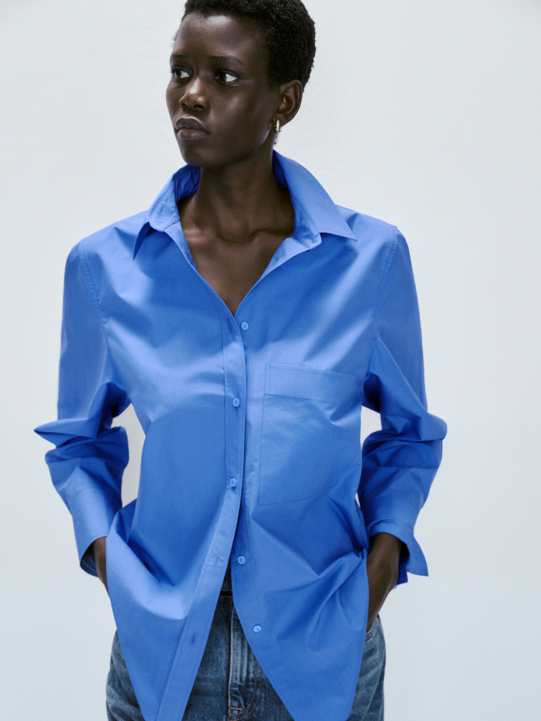 Camisa popelín algodón bolsillo - AZULÓN