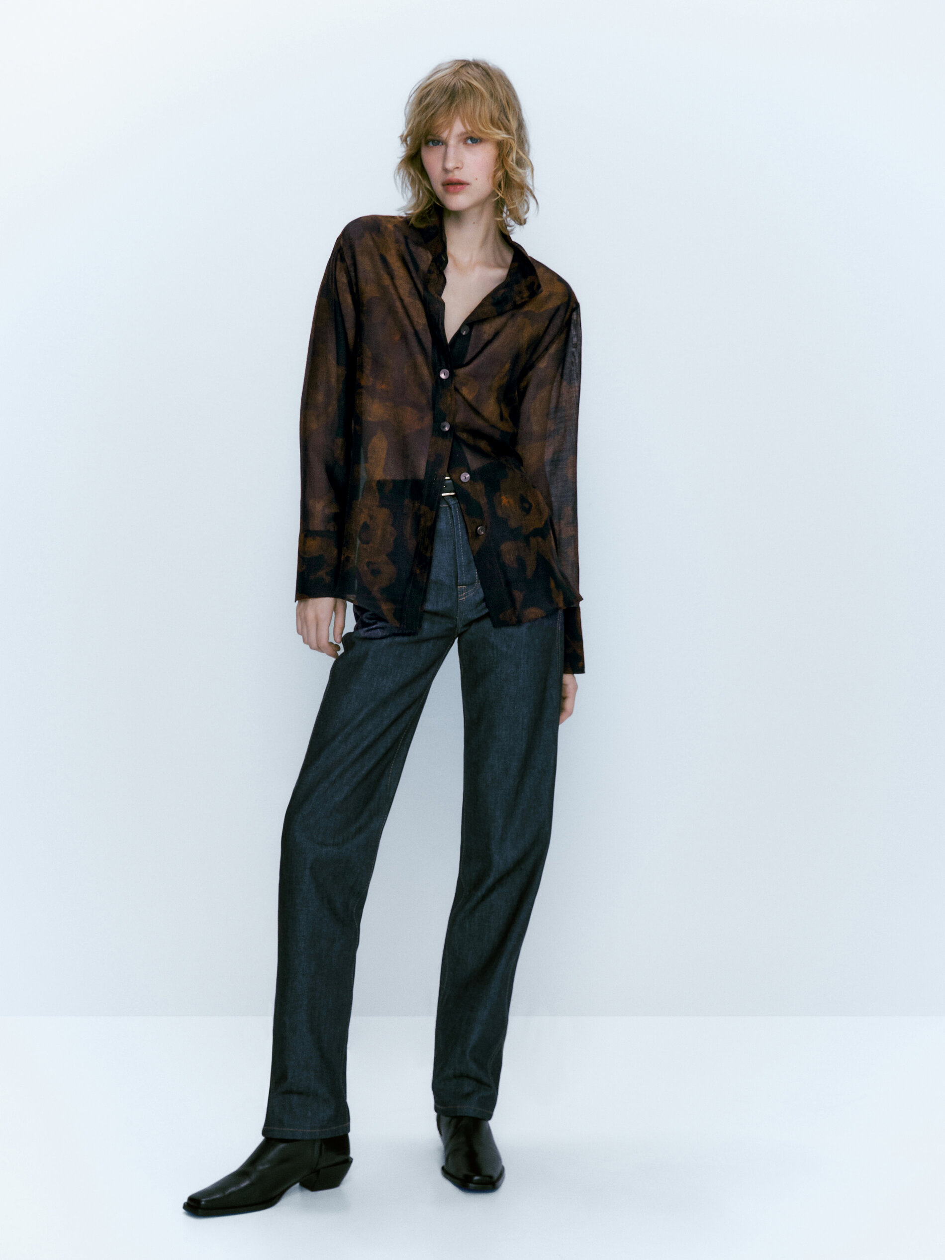 Camisa estampada mezcla algodón seda - AZULÓN