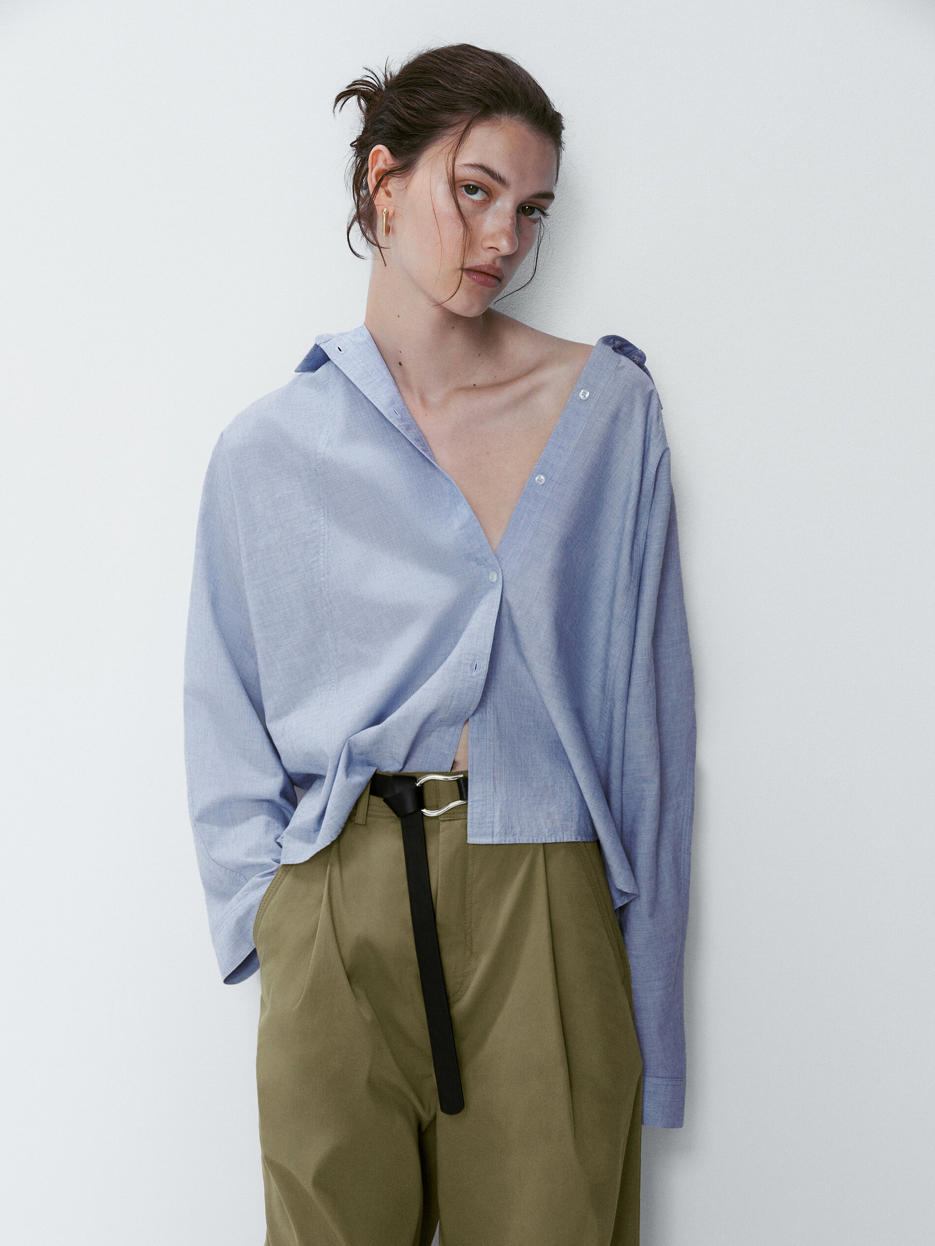 Pantalón ancho pinzas mezcla algodón - KAKI