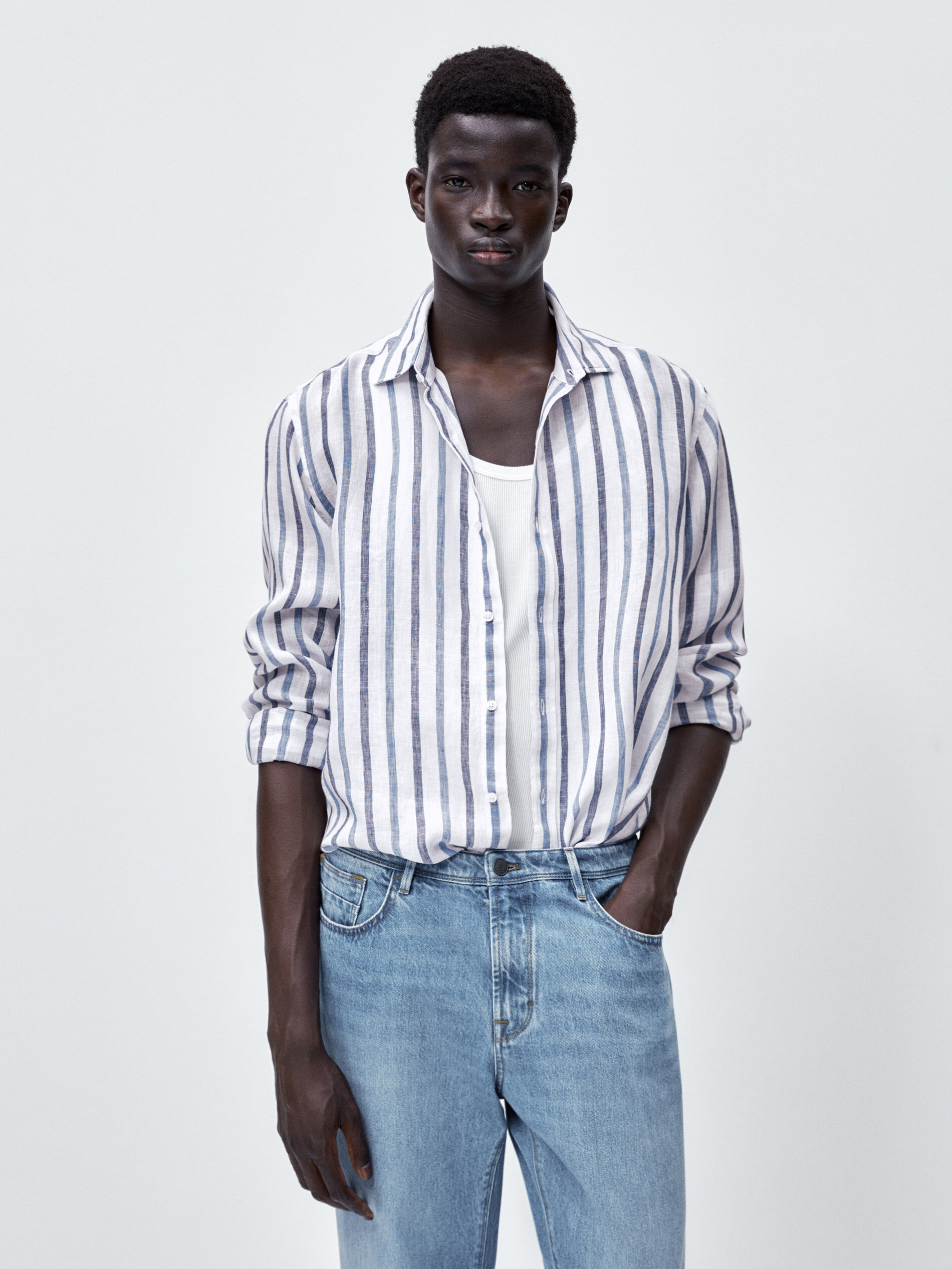 Camisa rayas doble tono lino slim fit - Azul Claro