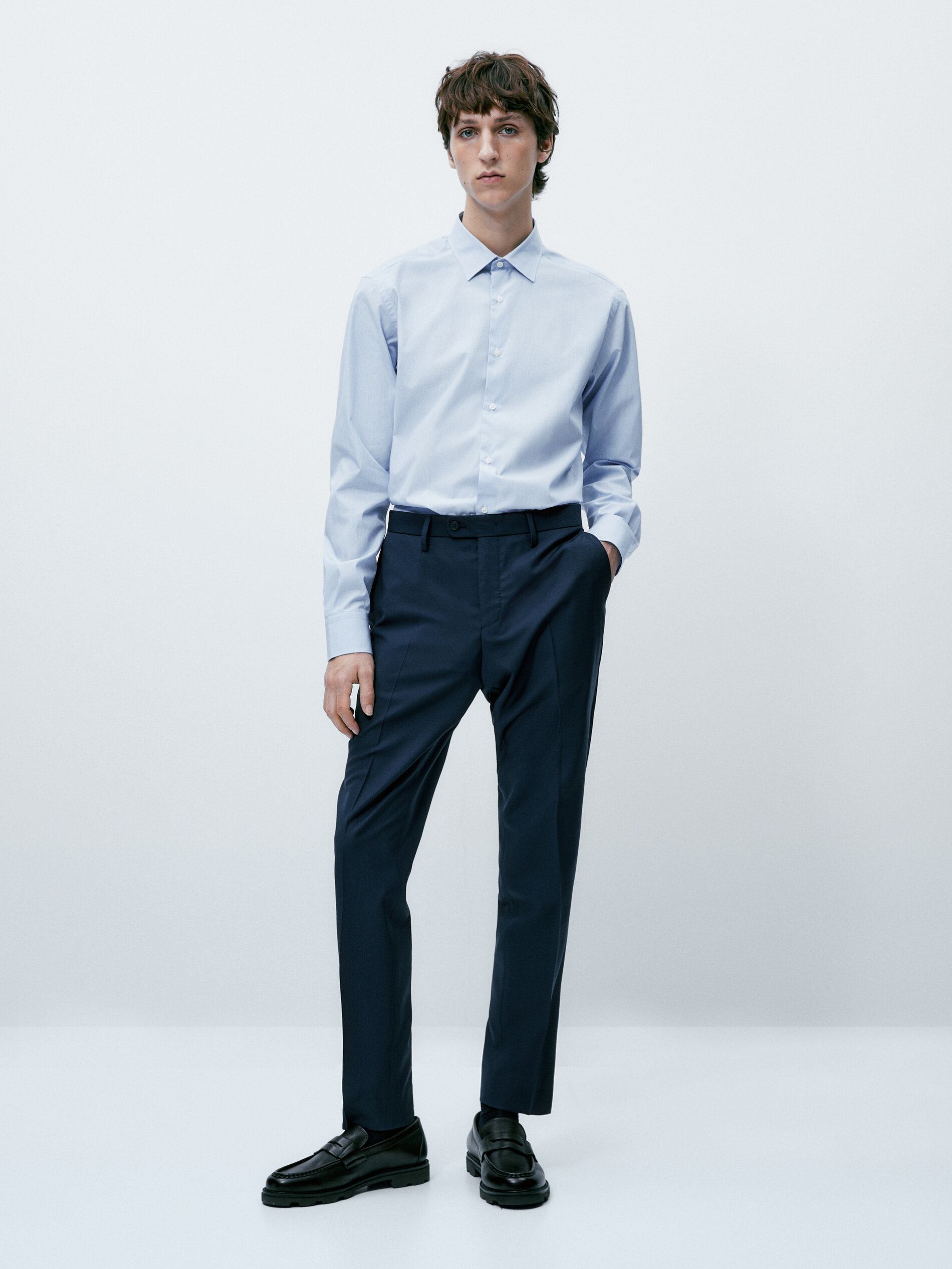 Camisa rayas algodón slim fit - CELESTE