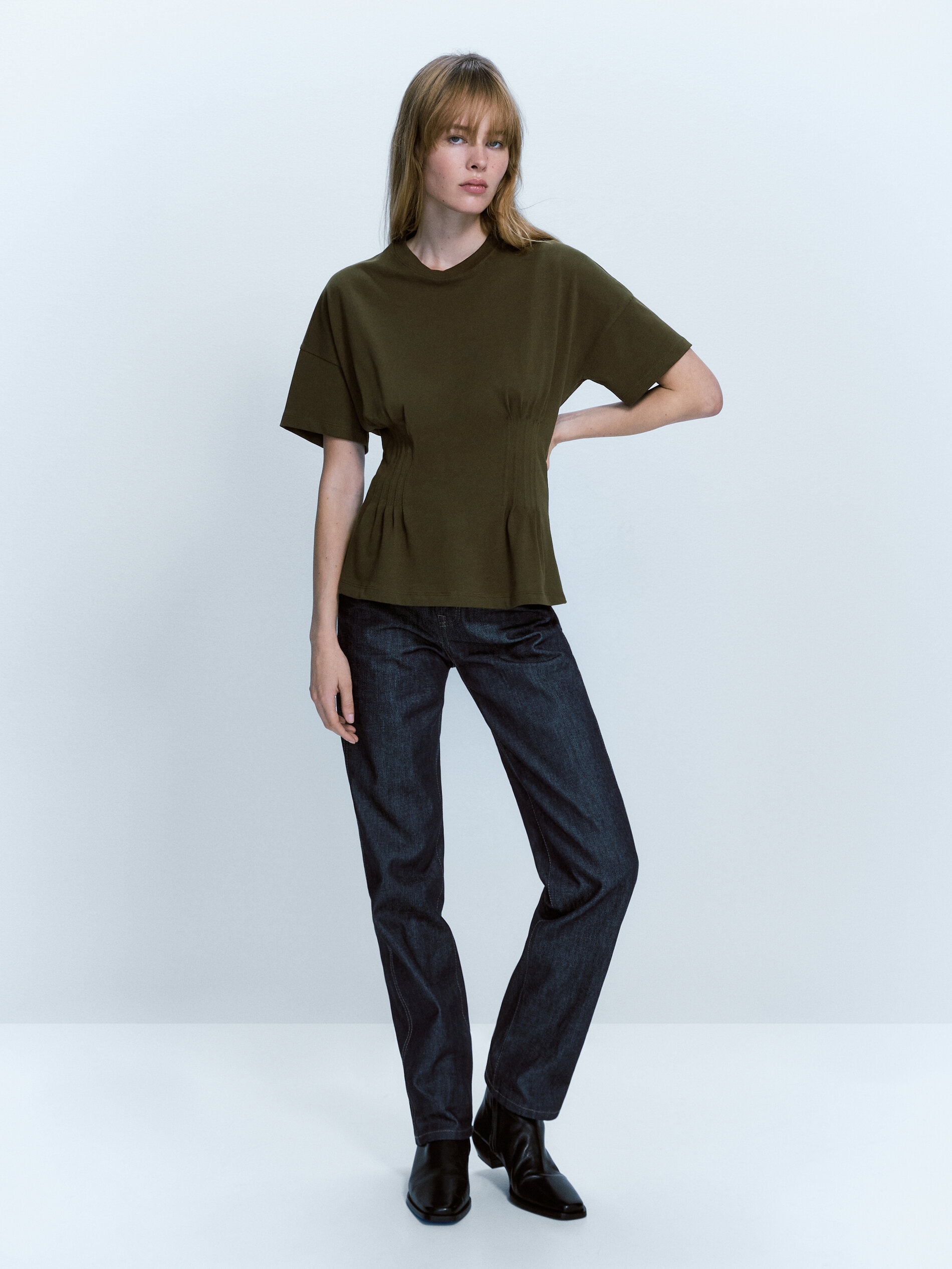 Camiseta algodón frunce cintura - KAKI MEDIO