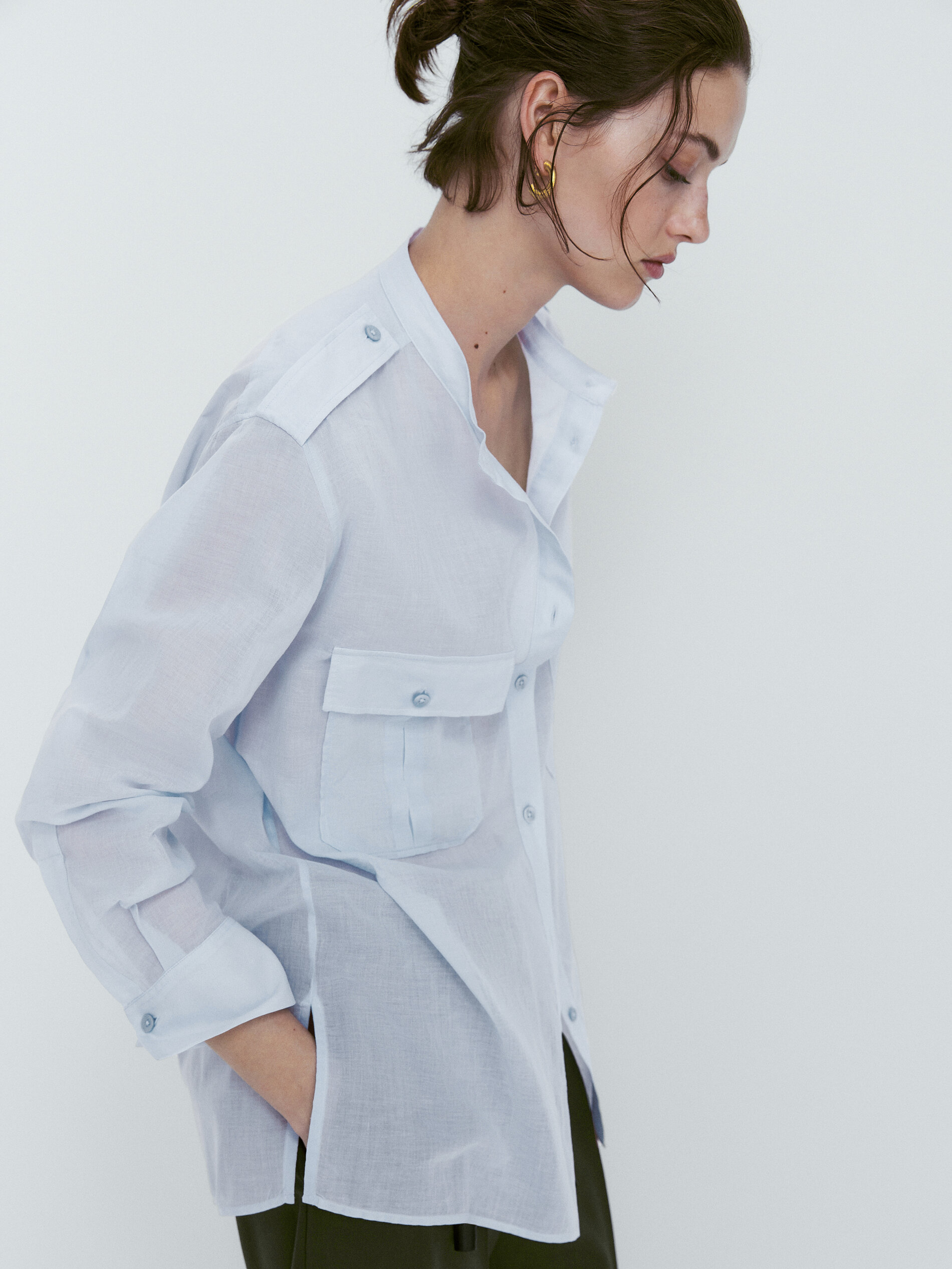 Camisa voile algodón bolsillos - AZUL