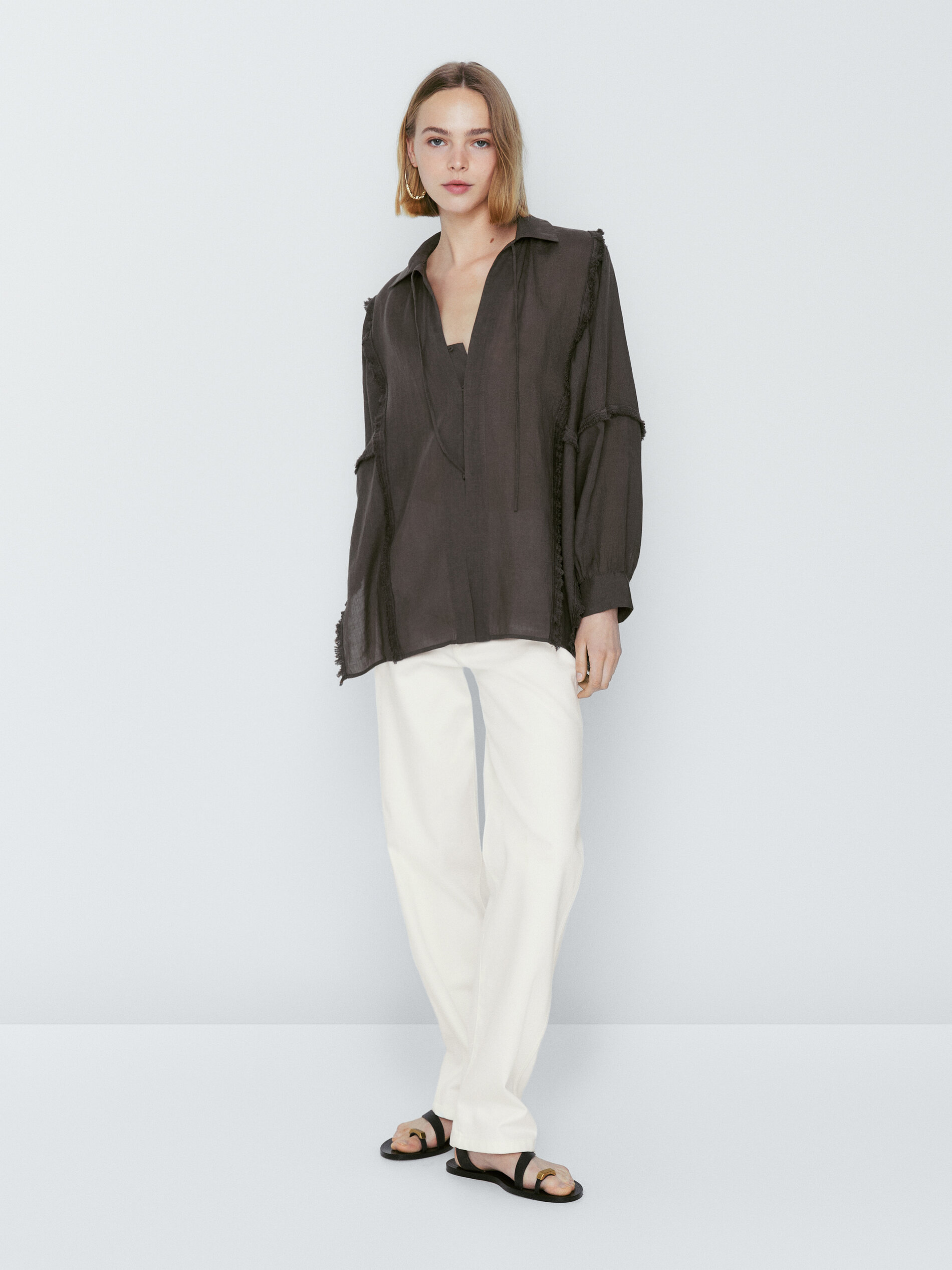 Blusón detalle desflecado cordones - VERDE OSCURO