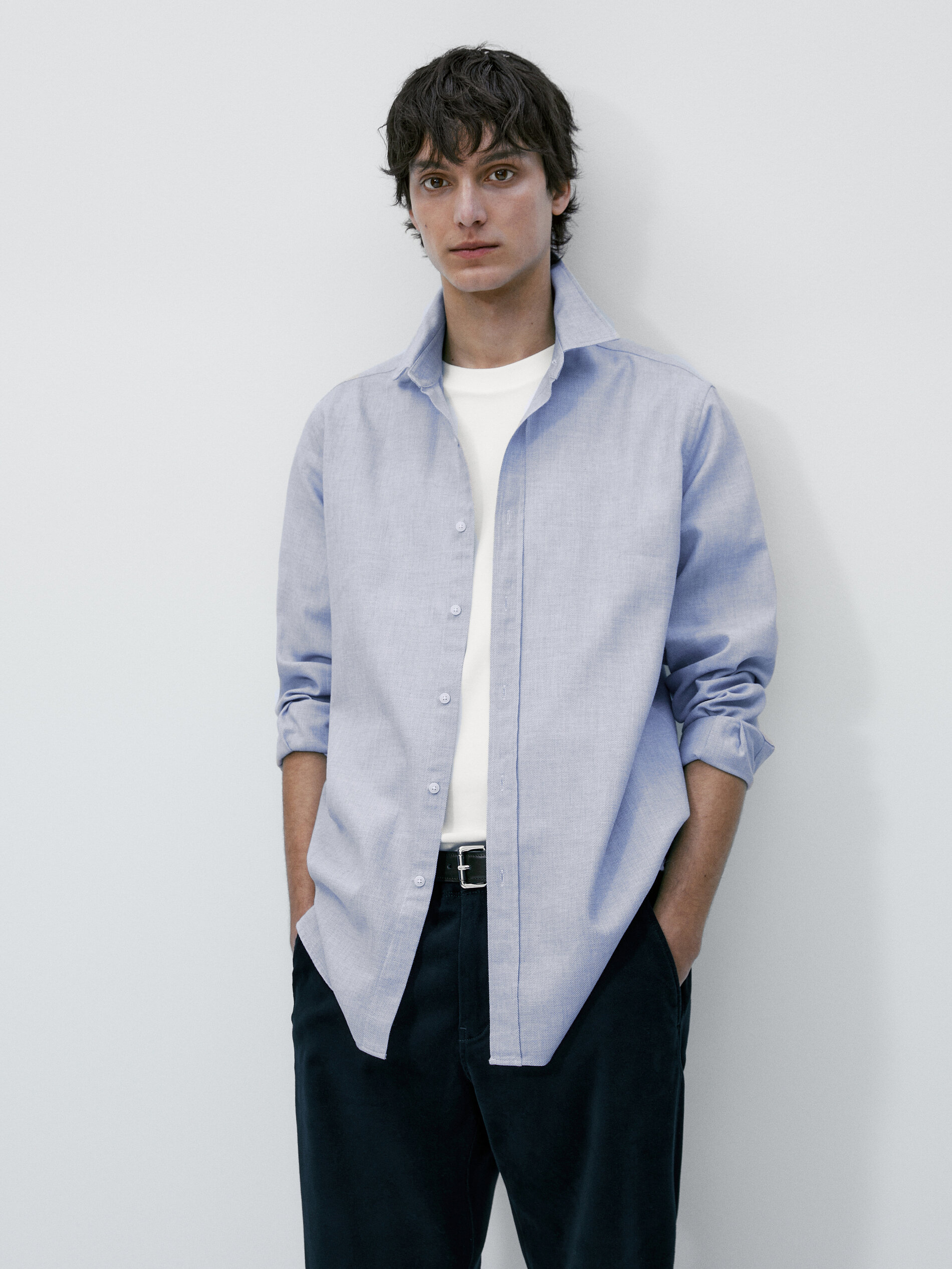 Camisa melange algodón slim fit - CELESTE