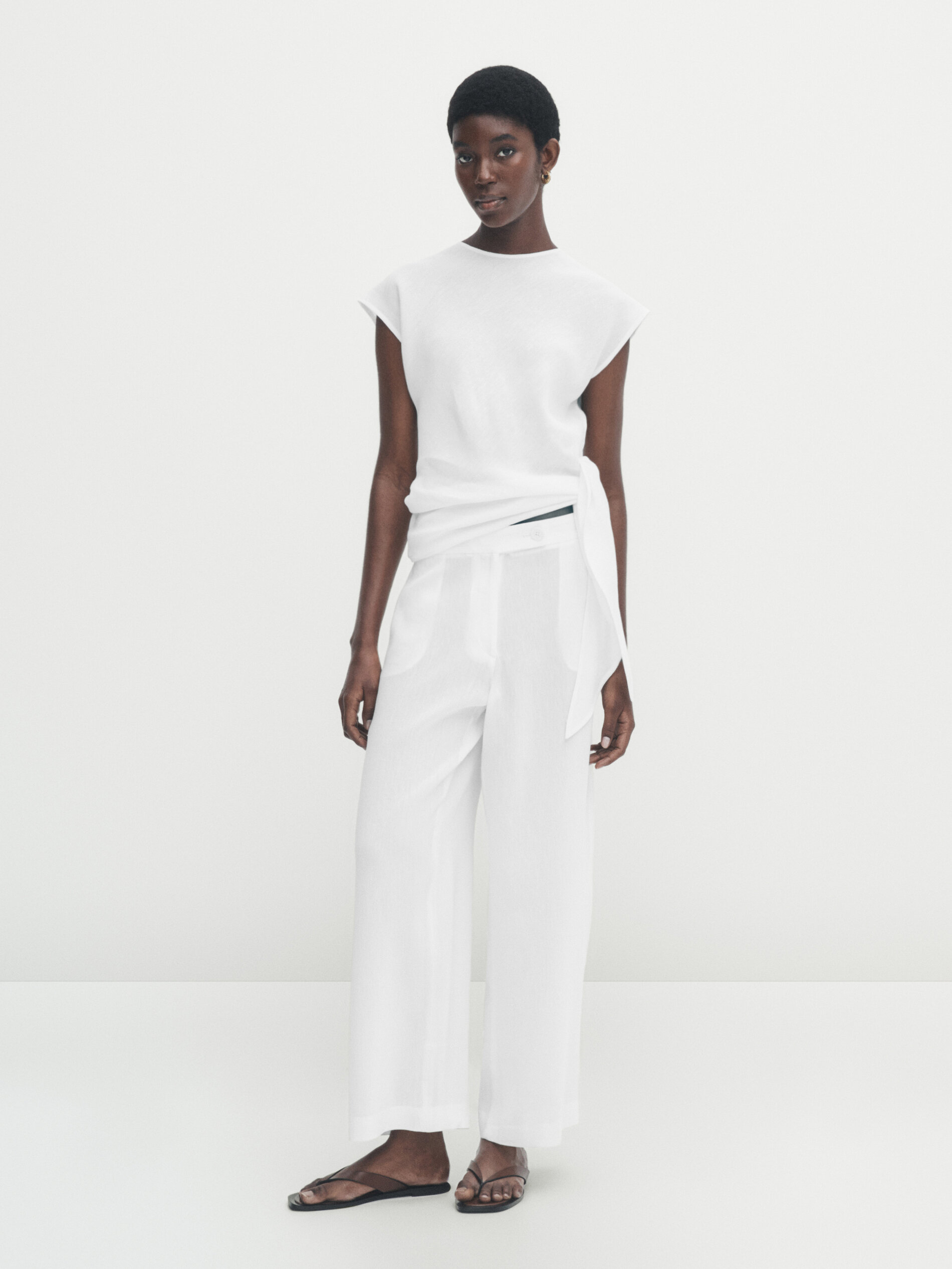 Pantalón ancho con lino pinzas - BLANCO