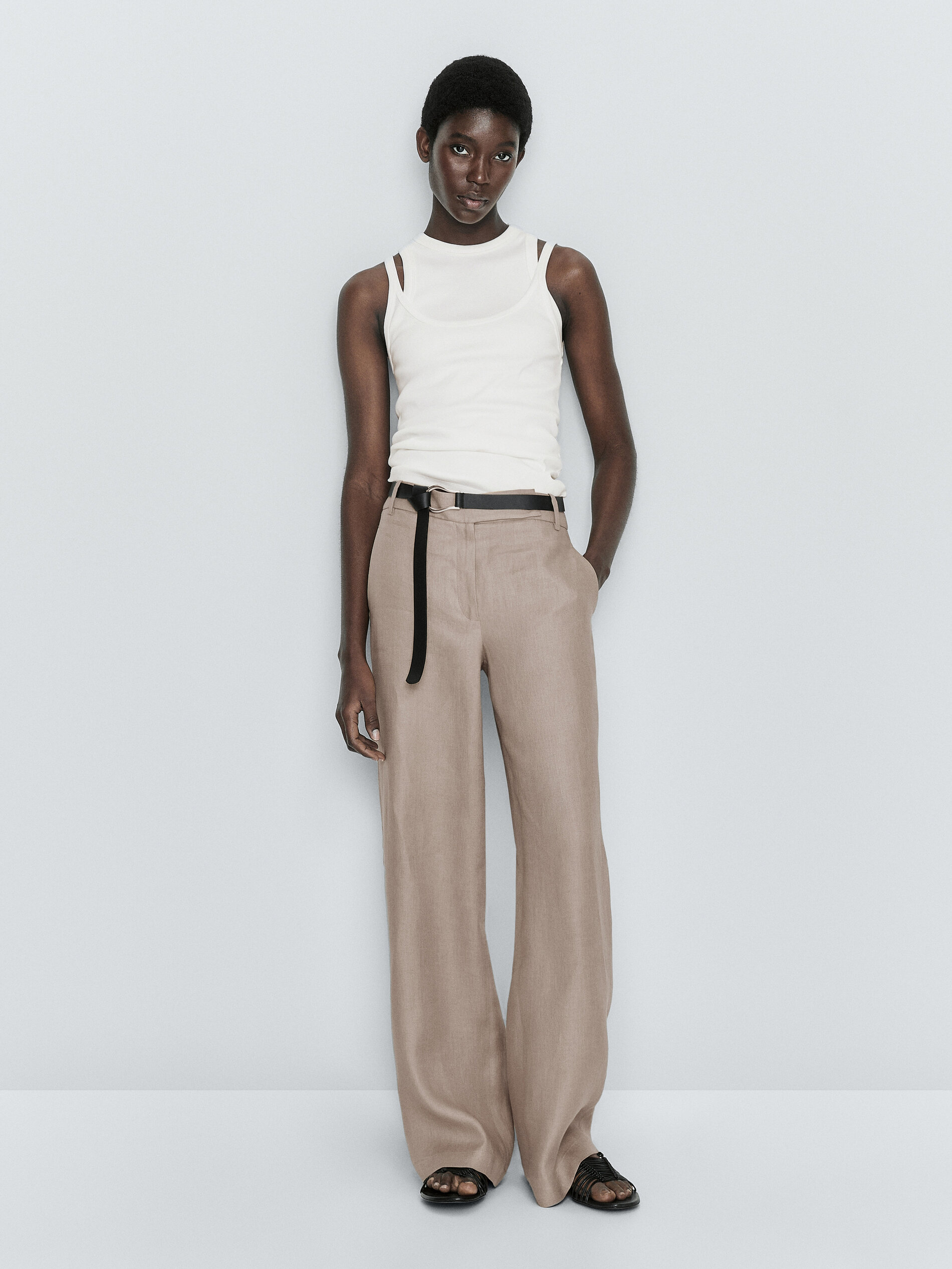 Pantalón traje 100% lino corte recto - VISÓN