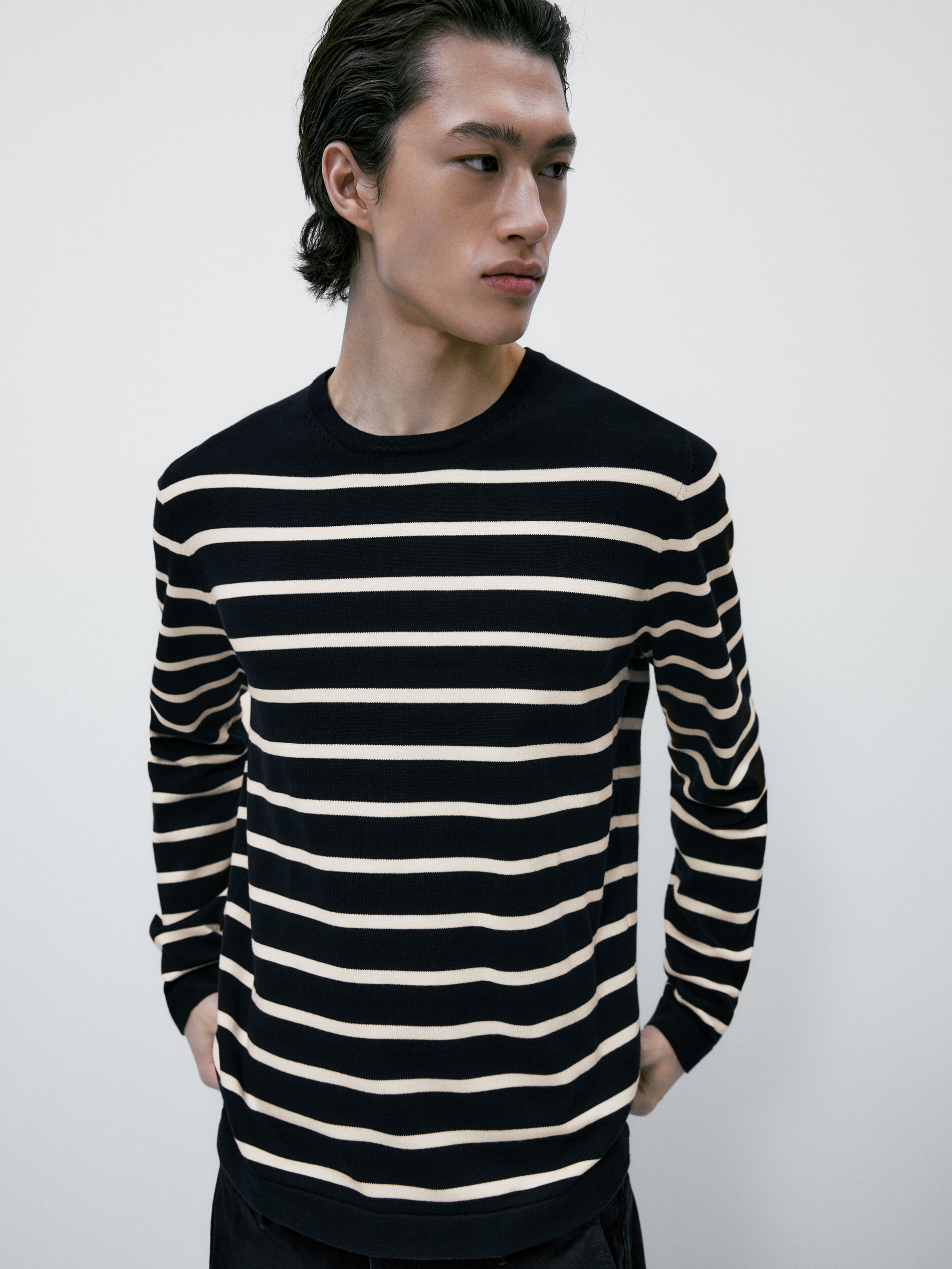 Jersey de punto rayas algodón extrafino - AZUL MARINO