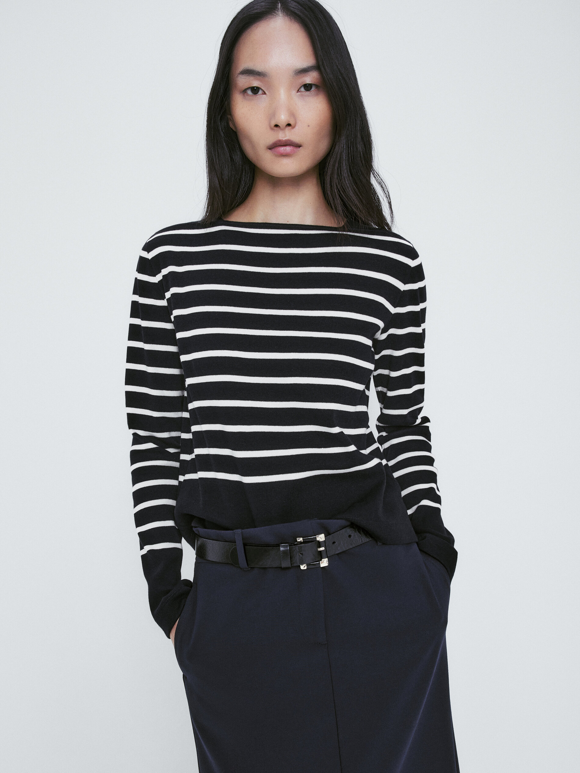 Camiseta rayas algodón cuello barco - AZUL MARINO