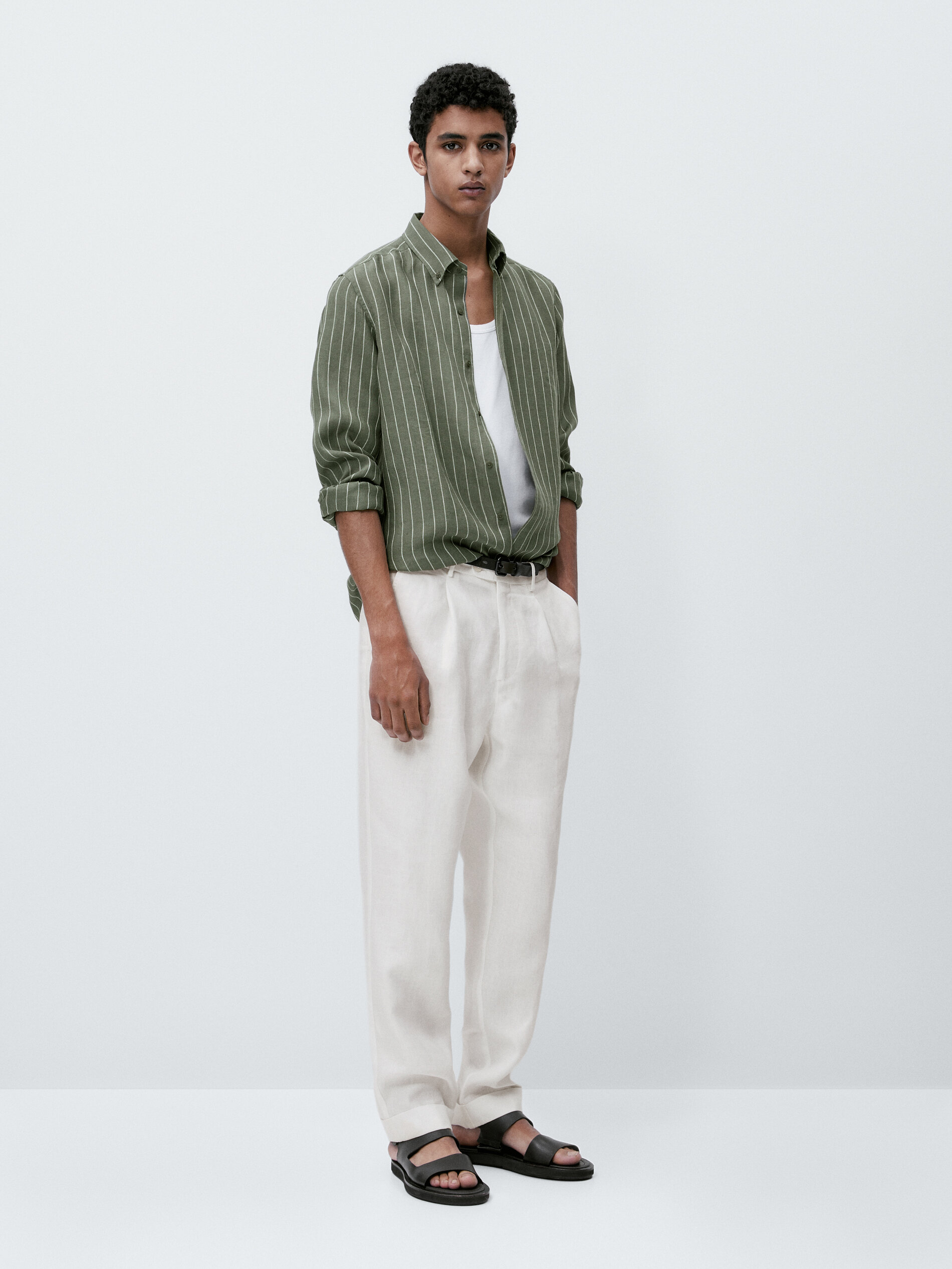 Camisa rayas 100% lino slim fit - VERDE