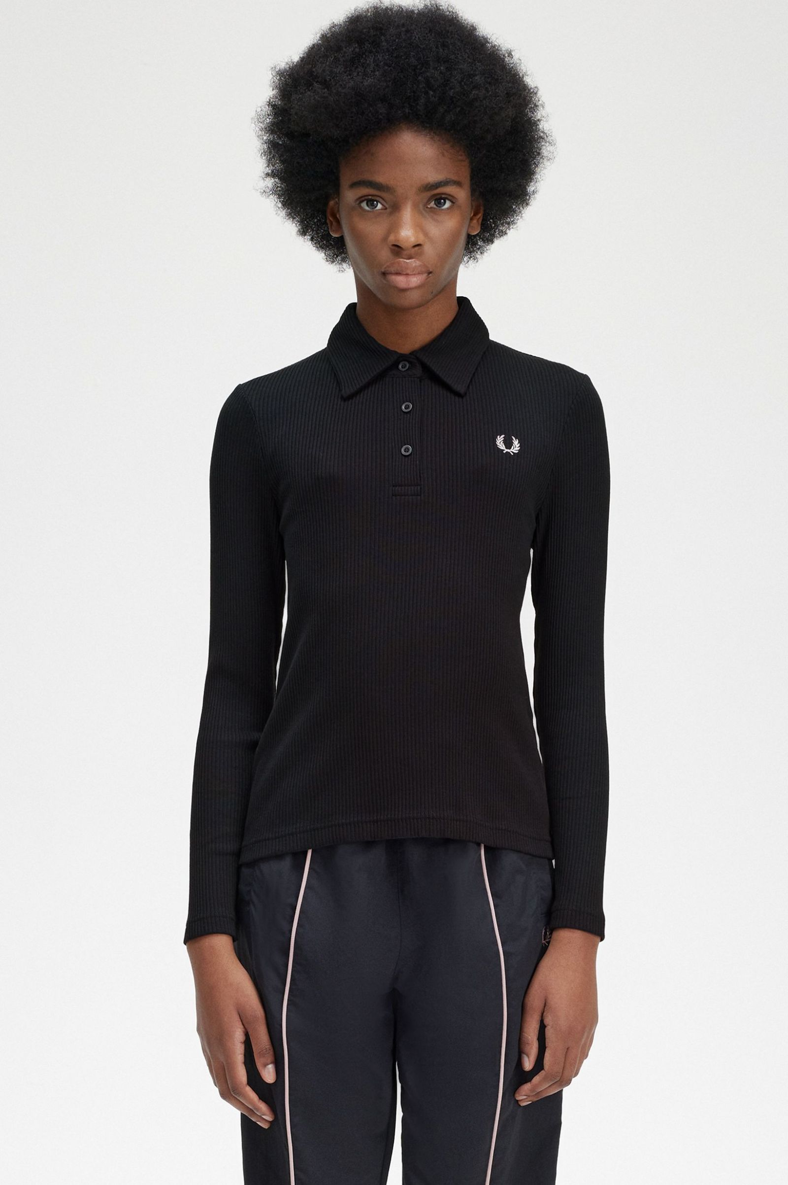 Long Sleeve Ribbed Polo Shirt Black