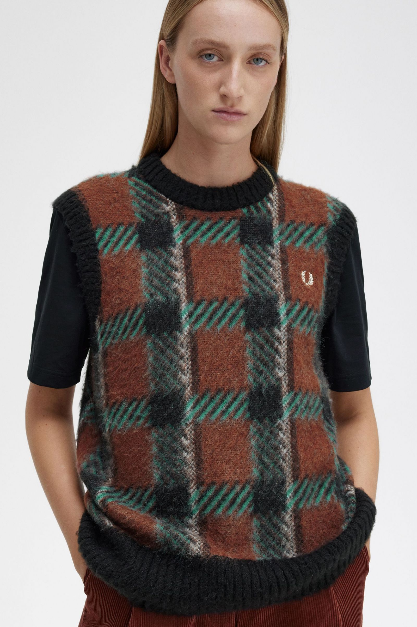 Glitch Tartan Knitted Tank Whisky Brown
