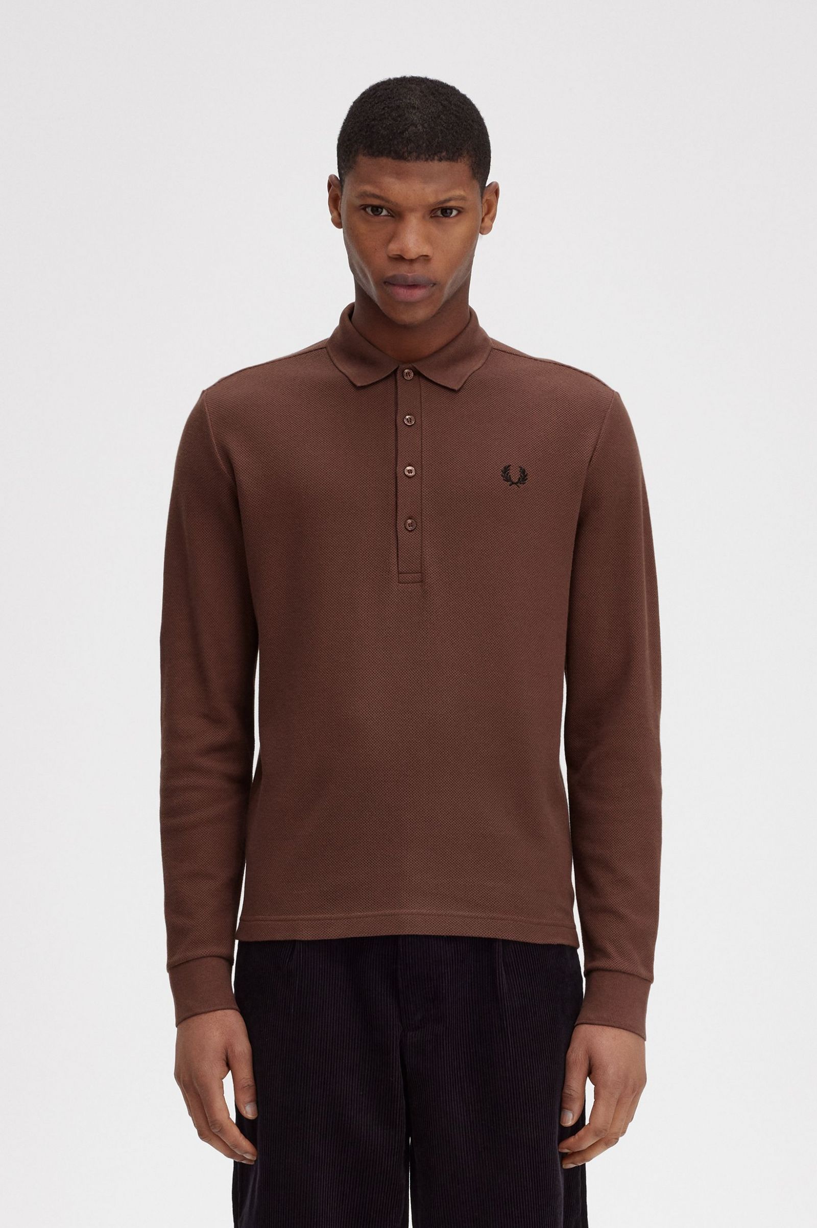 Honeycomb Cotton Long Sleeve Polo Shirt Whisky Brown