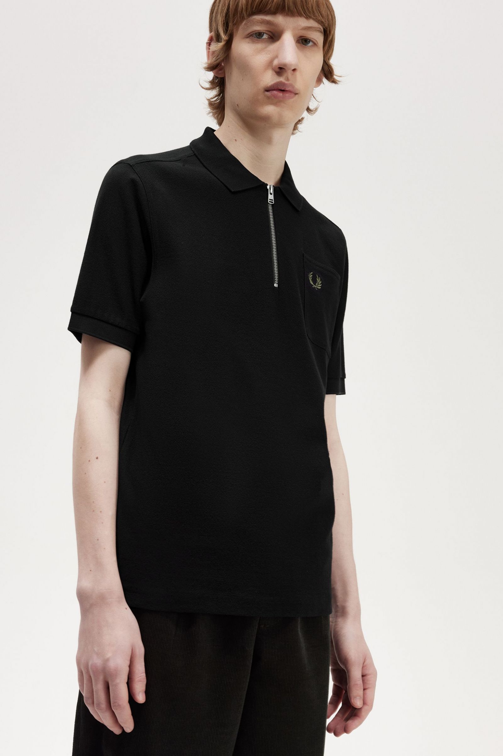 Textured Zip Neck Polo Shirt Black