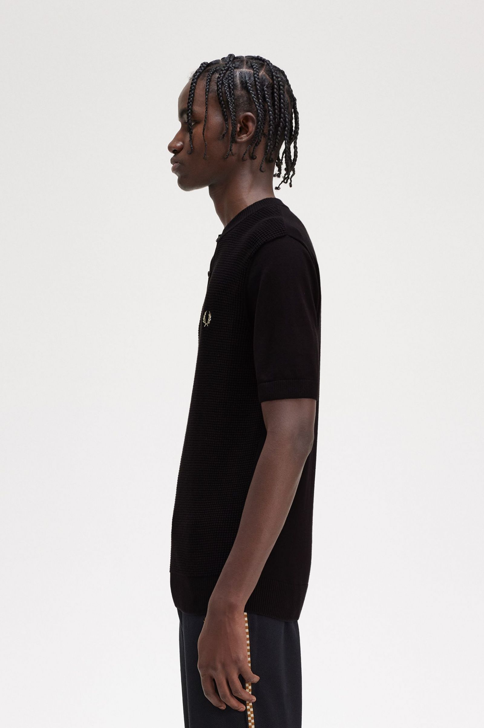 Waffle Stitch Henley Shirt Black