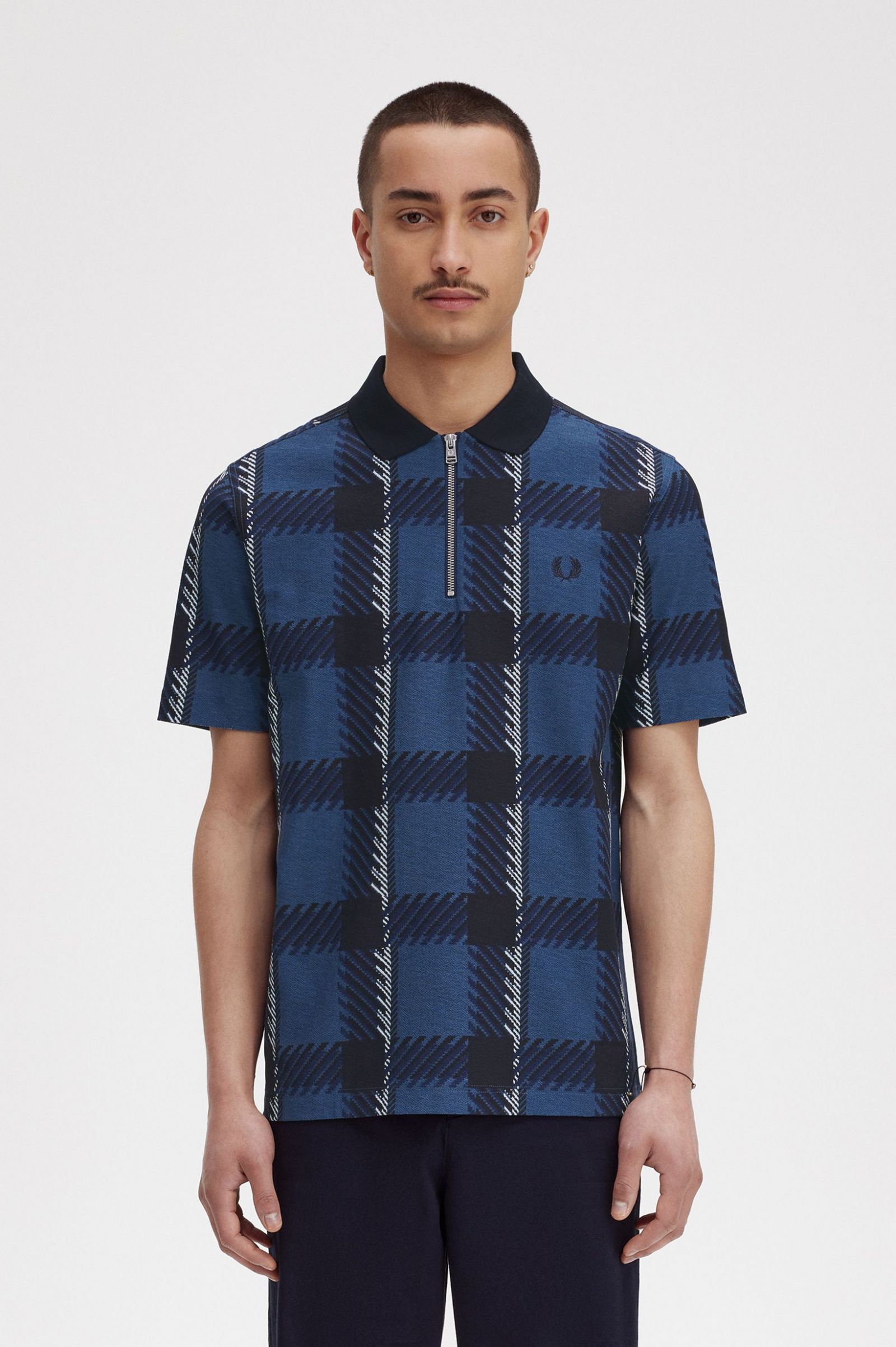 Glitch Tartan Zip Neck Polo Shirt Midnight Blue