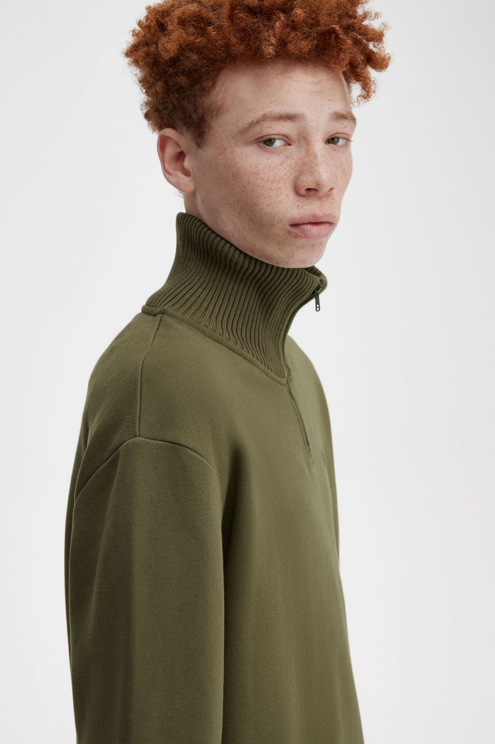 Knitted Trim Zip Neck Sweatshirt Uniform Green
