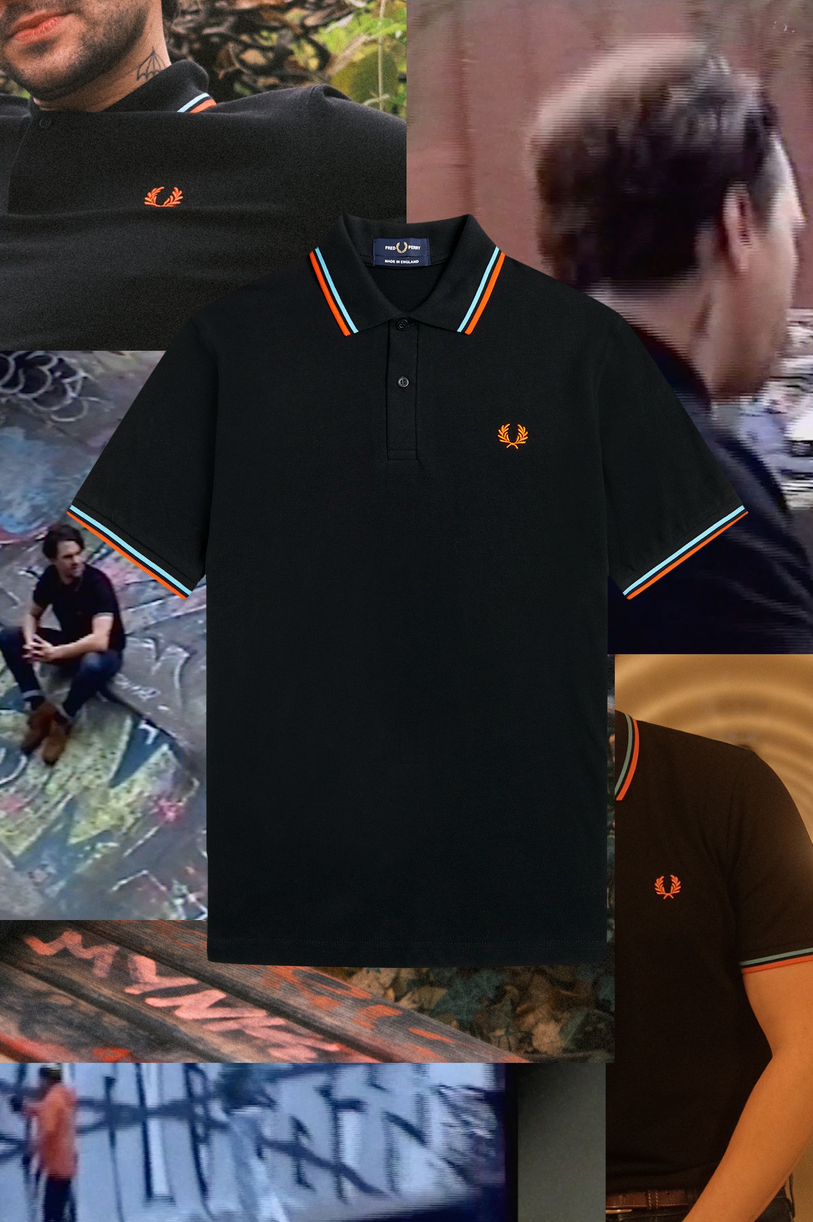 The Fred Perry ShirtM12 Black / Hamburg Sky Blue / Orange Spray Paint
