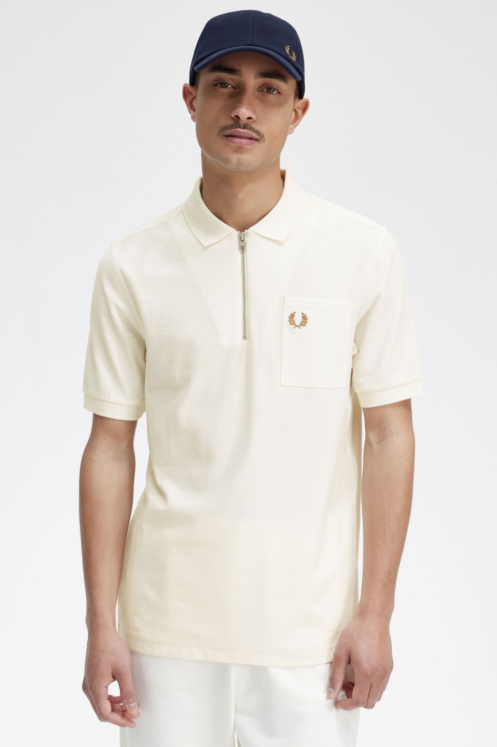 Textured Zip Neck Polo Shirt Ecru