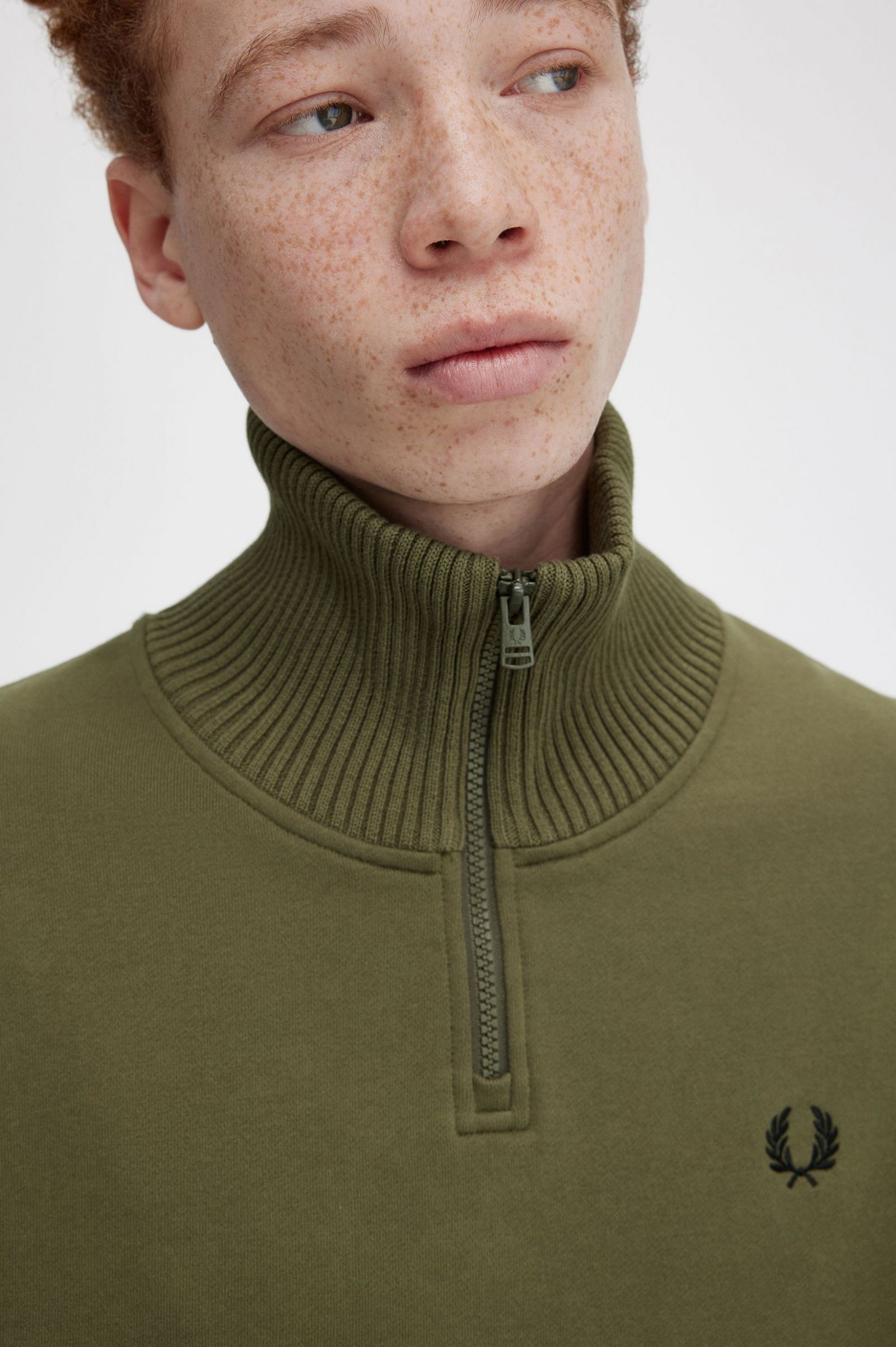 Knitted Trim Zip Neck Sweatshirt Uniform Green
