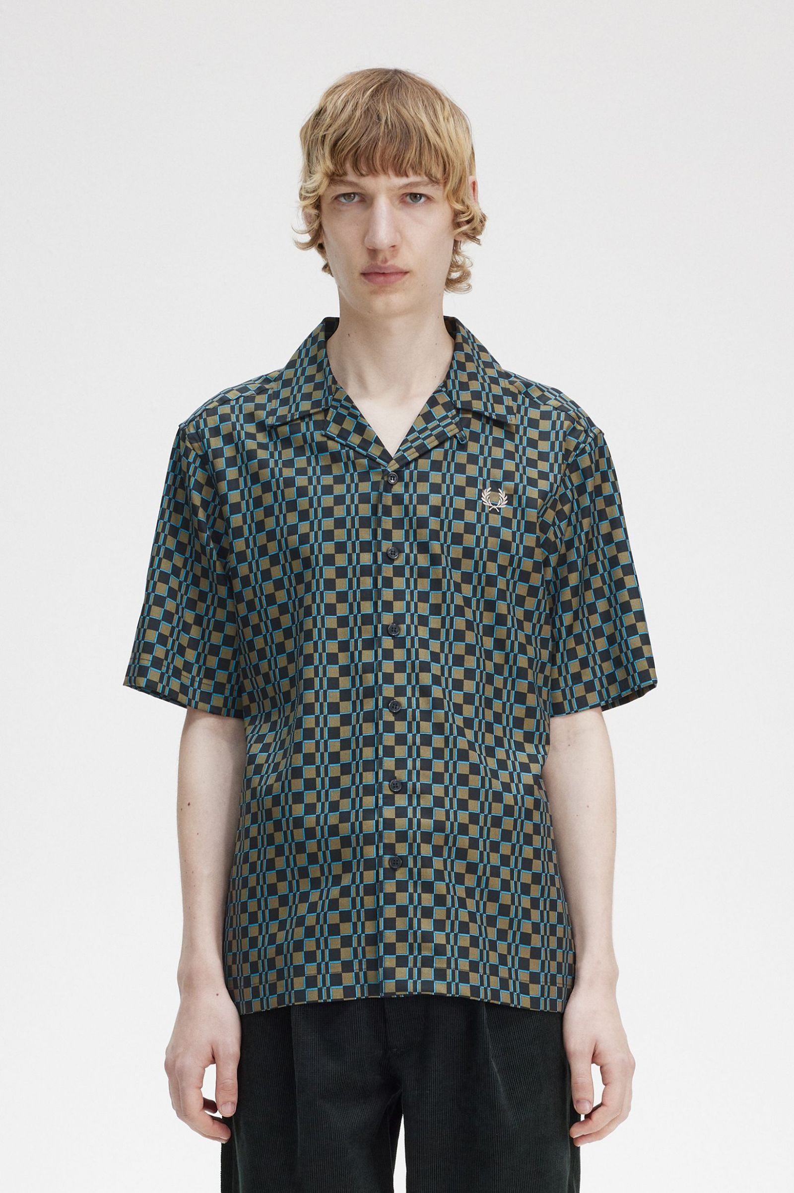 Glitch Chequerboard Revere Collar Shirt Uniform Green