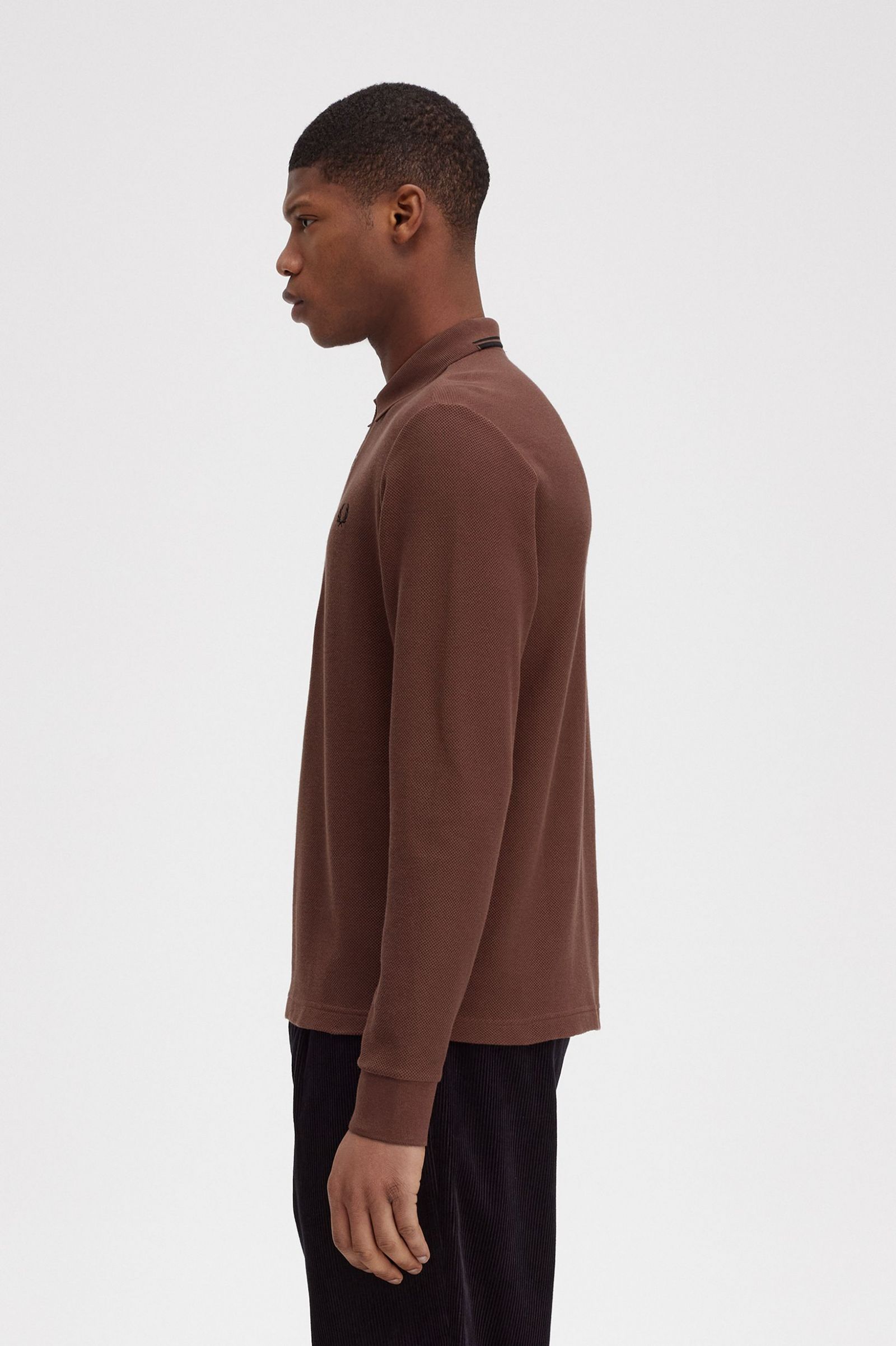 Honeycomb Cotton Long Sleeve Polo Shirt Whisky Brown