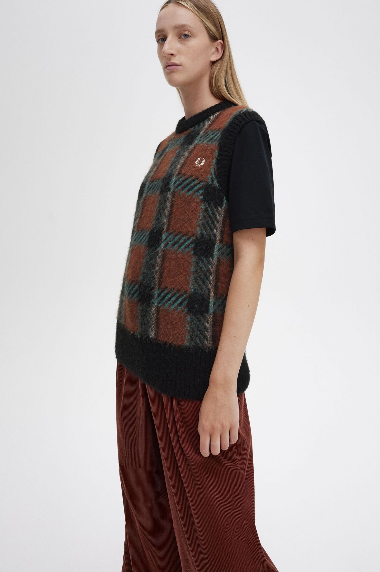 Glitch Tartan Knitted Tank Whisky Brown