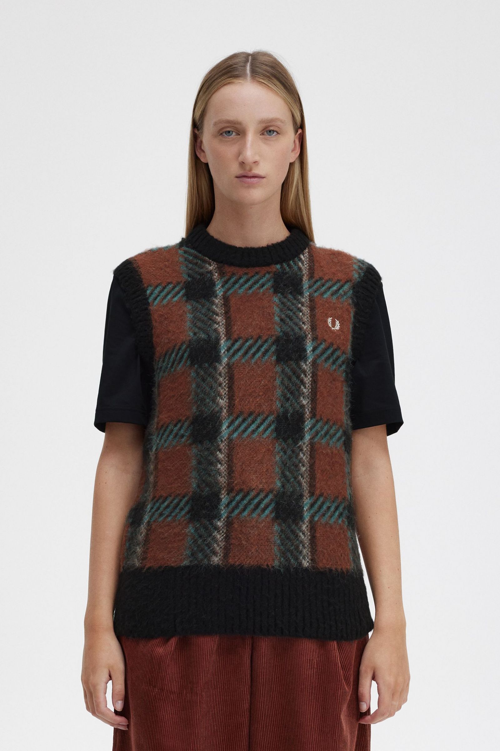 Glitch Tartan Knitted Tank Whisky Brown