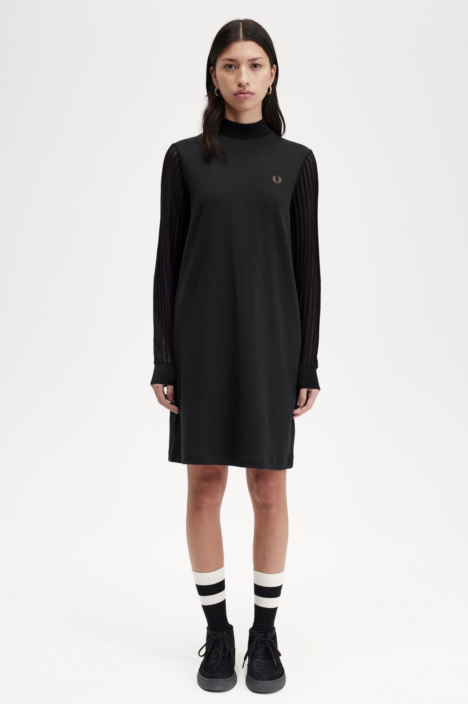 Sheer Sleeve Mock Neck Dress Black