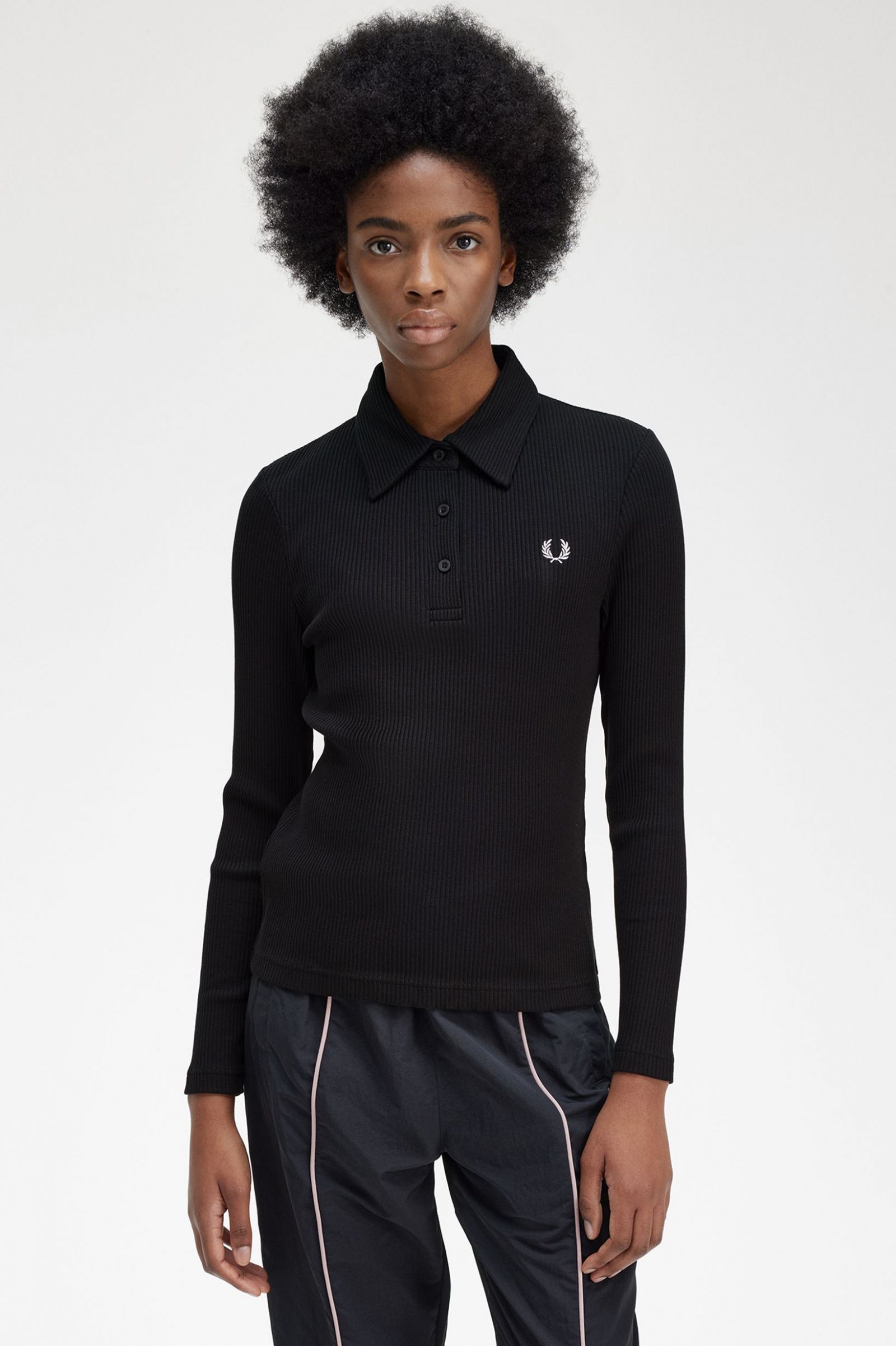 Long Sleeve Ribbed Polo Shirt Black