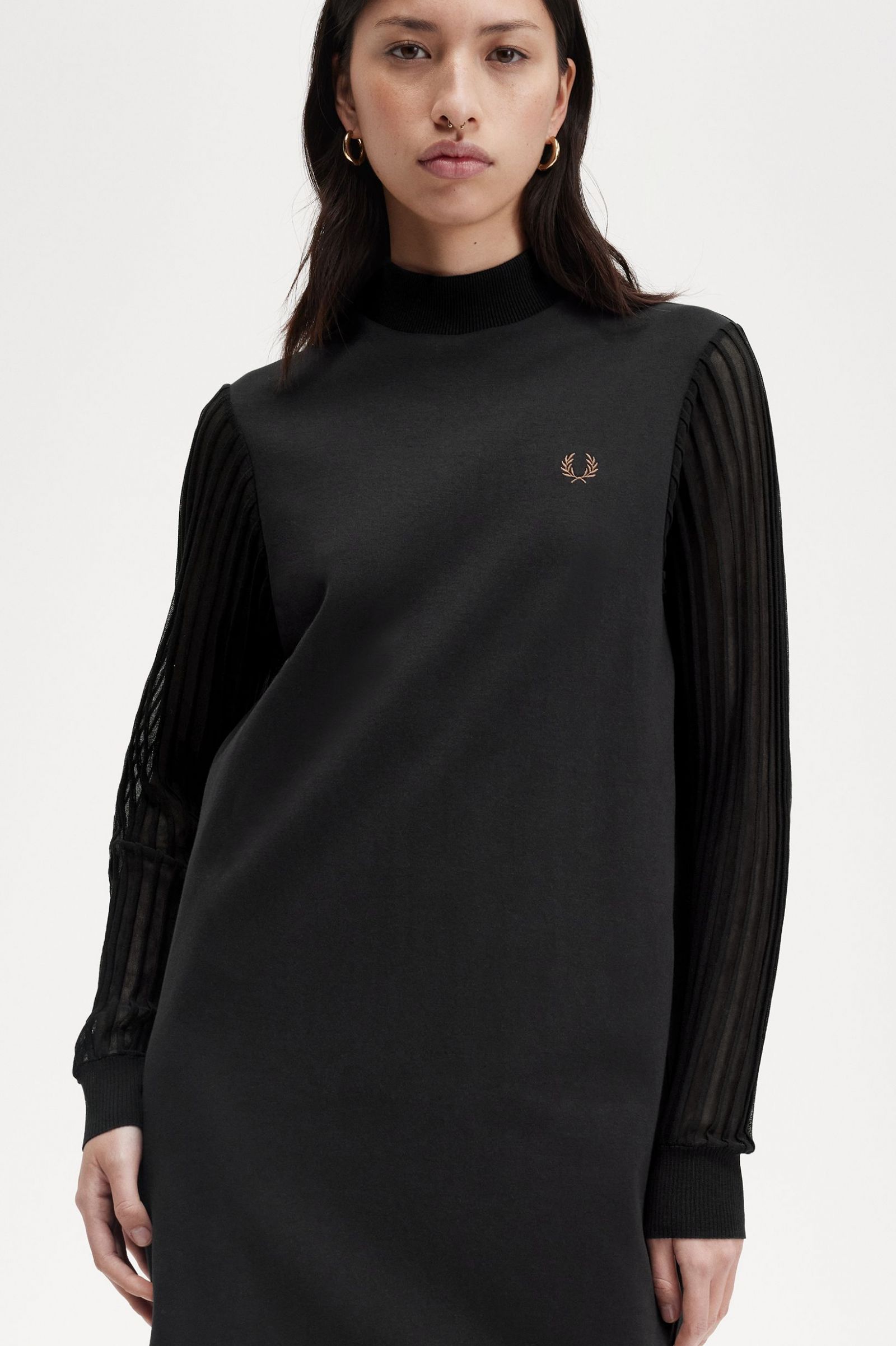 Sheer Sleeve Mock Neck Dress Black