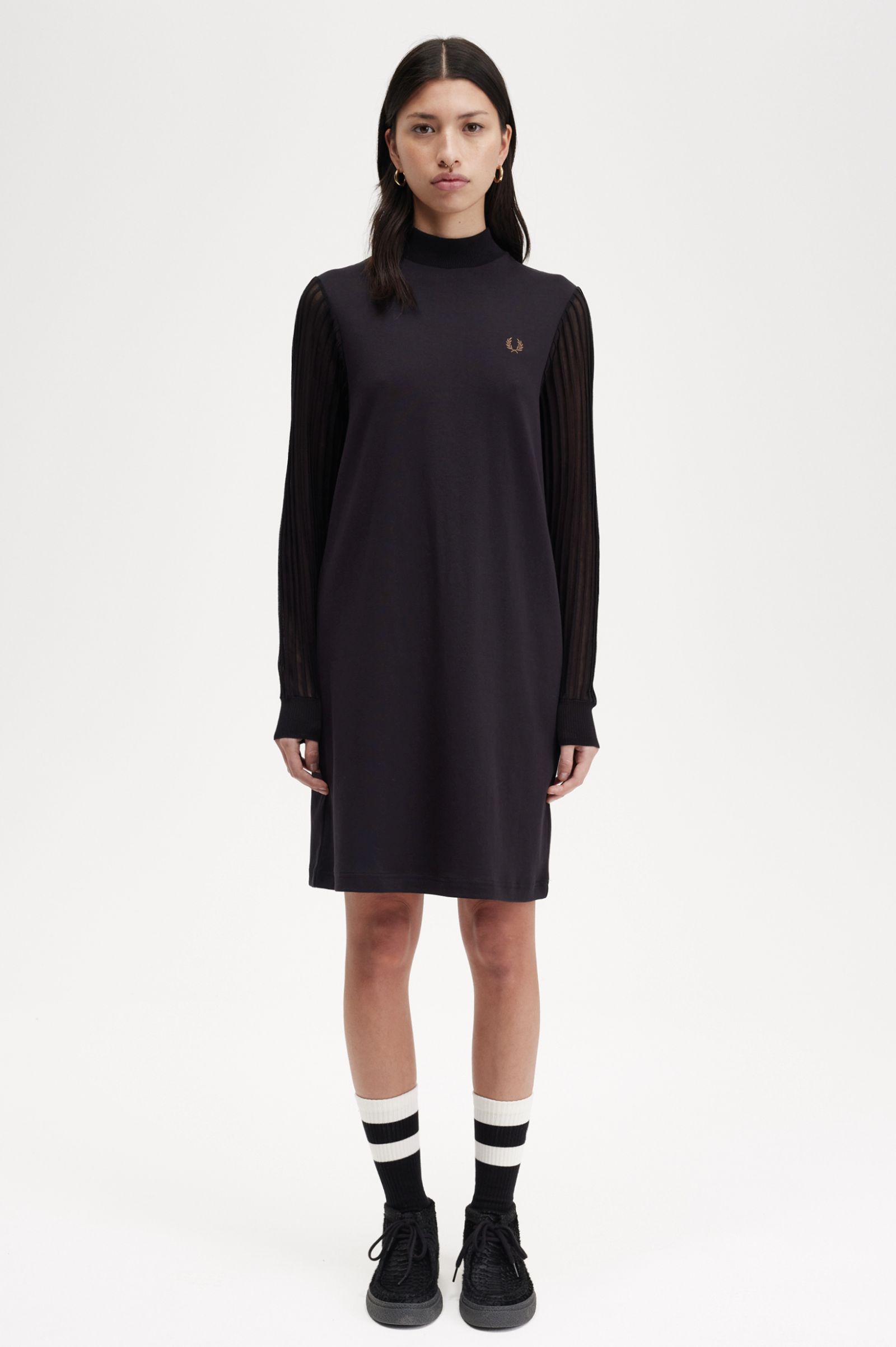Sheer Sleeve Mock Neck Dress Black