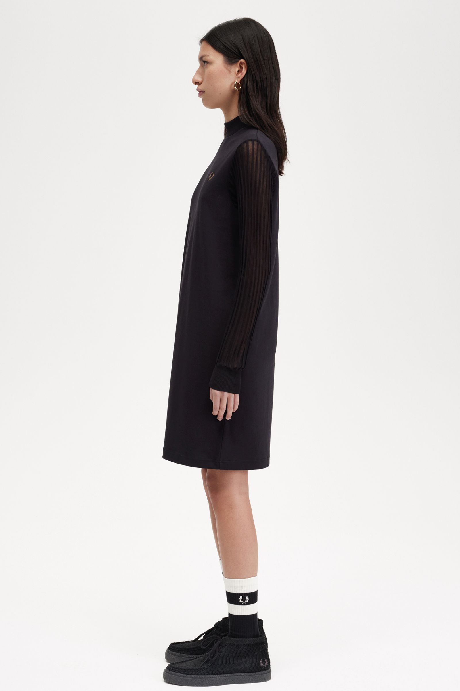 Sheer Sleeve Mock Neck Dress Black