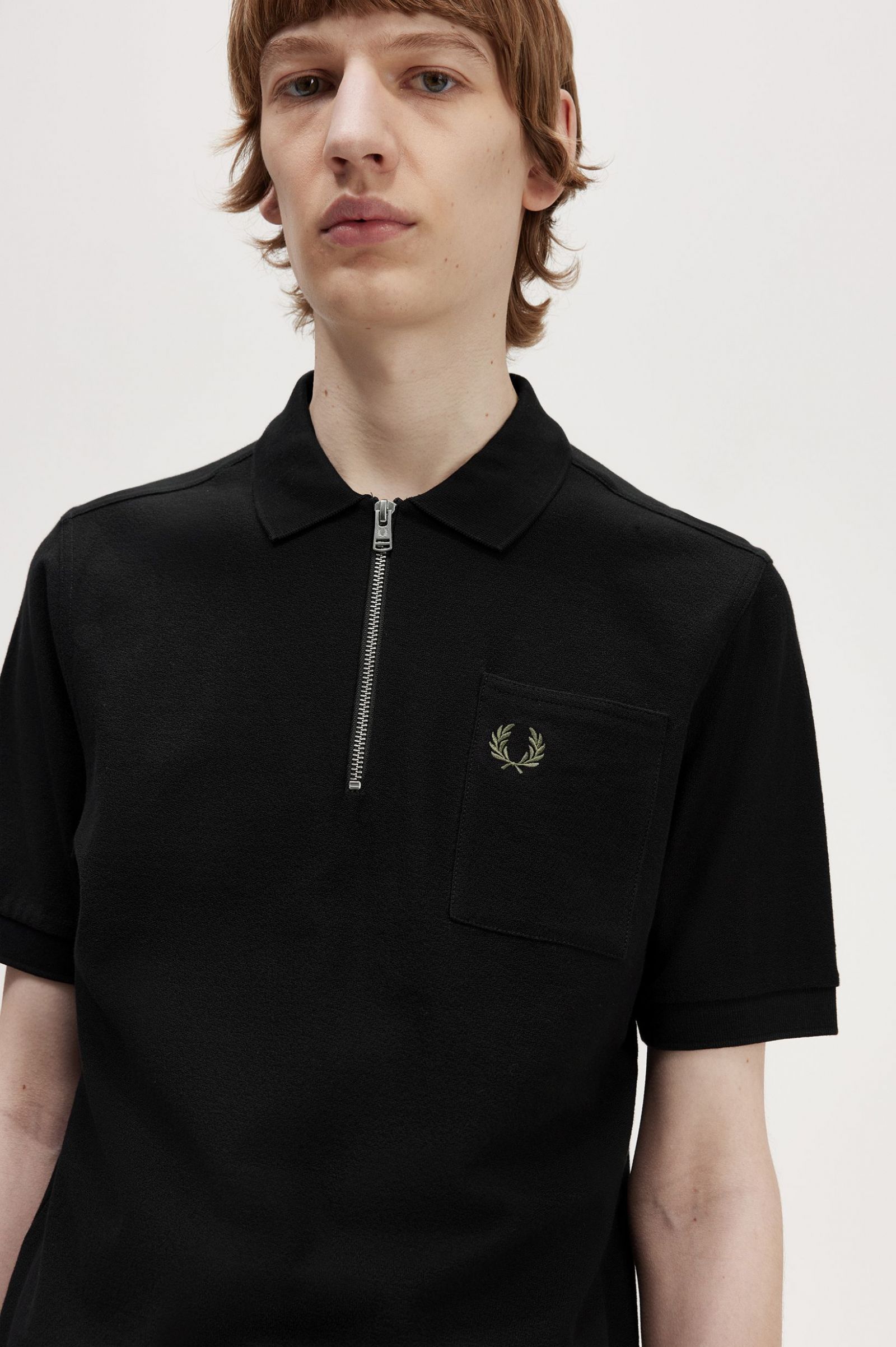 Textured Zip Neck Polo Shirt Black