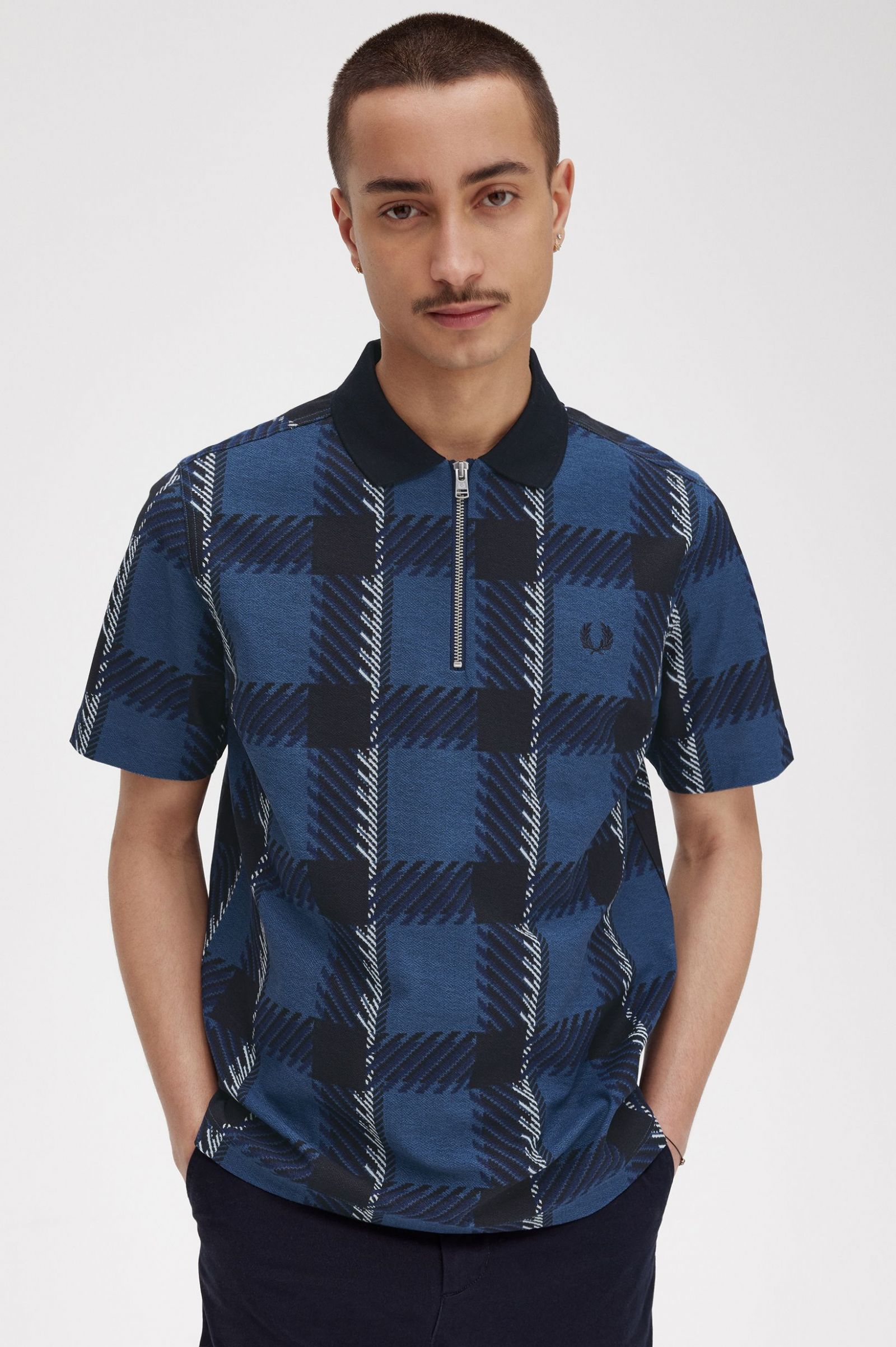 Glitch Tartan Zip Neck Polo Shirt Midnight Blue