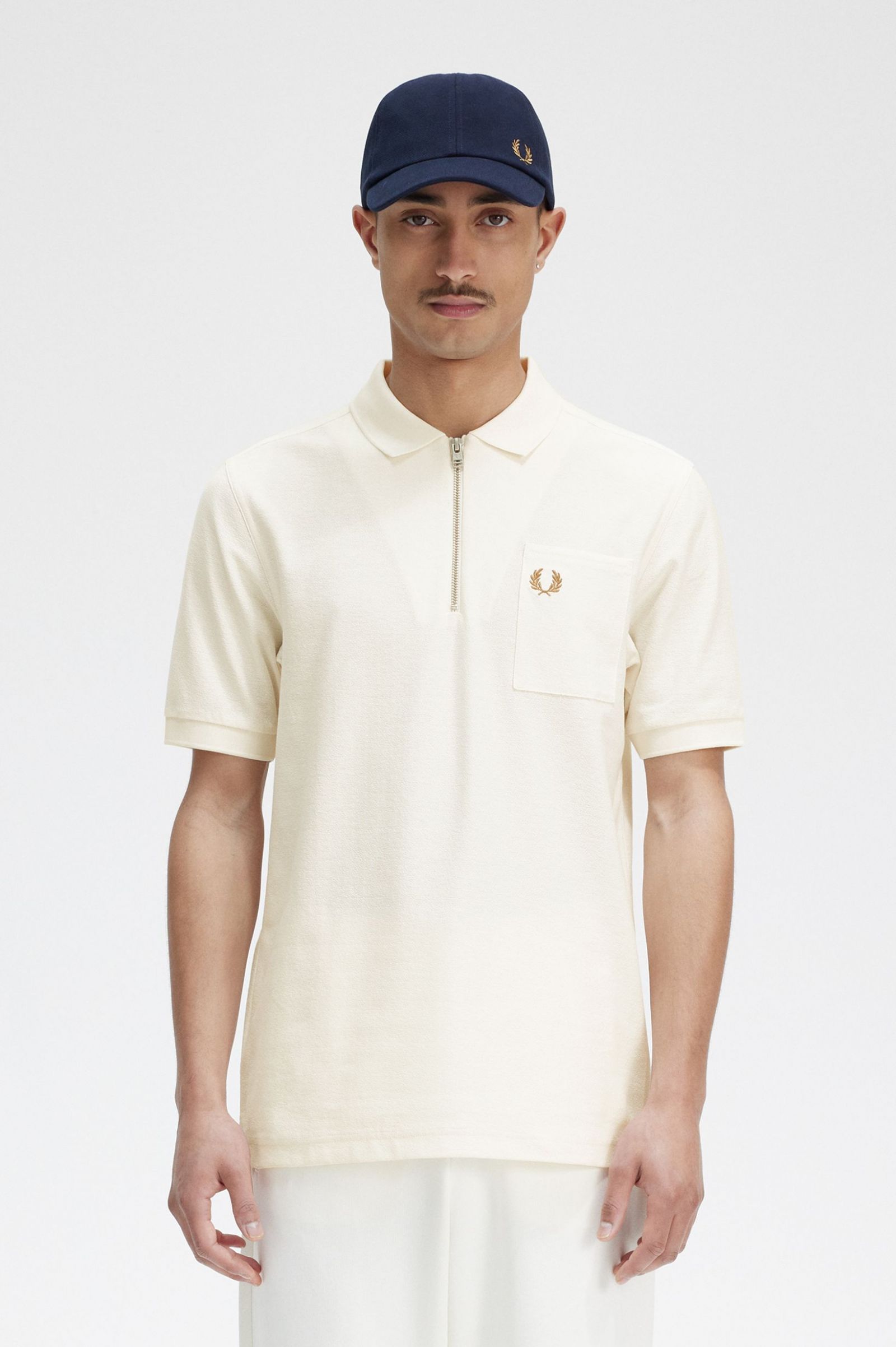Textured Zip Neck Polo Shirt Ecru