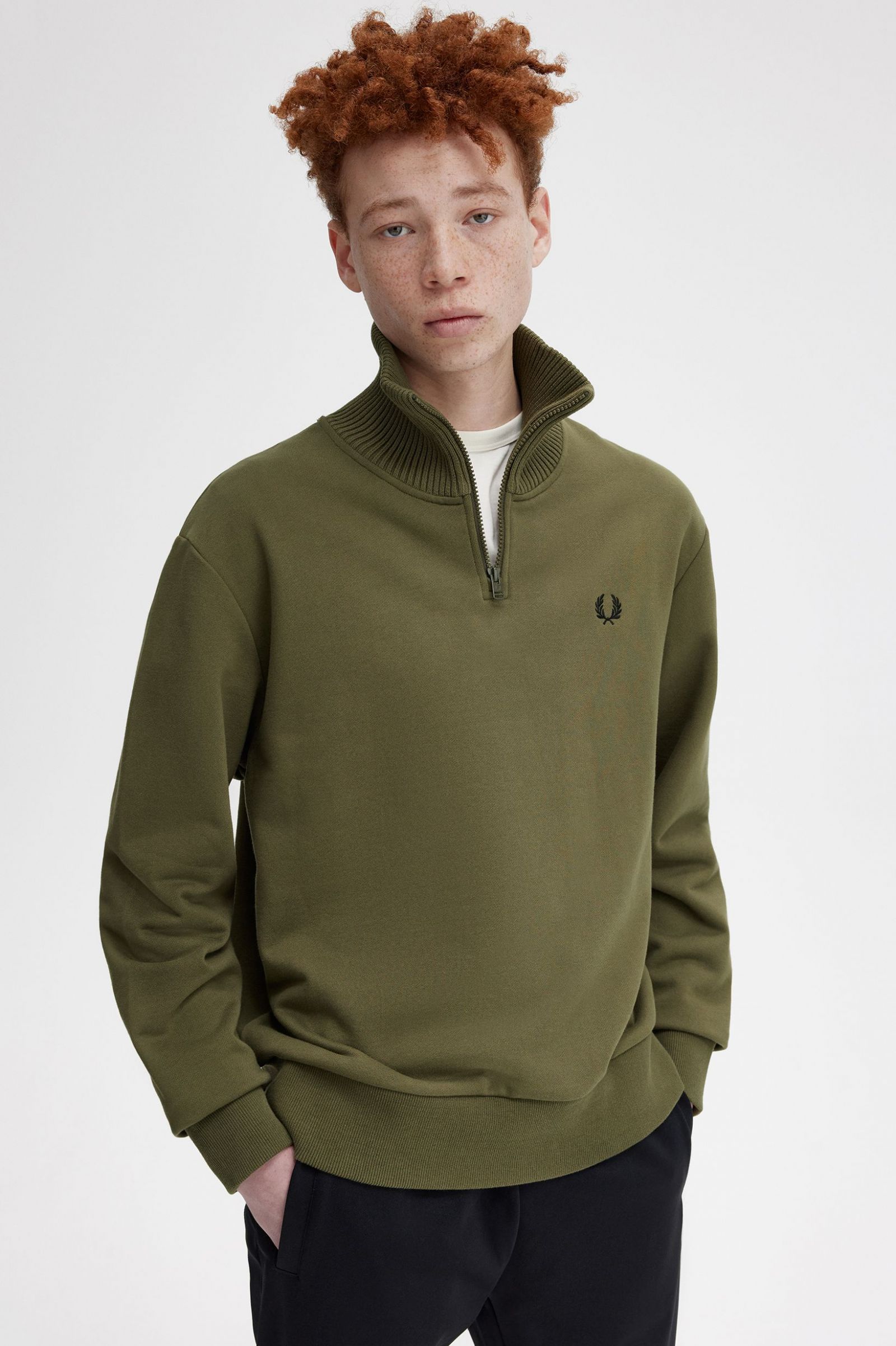 Knitted Trim Zip Neck Sweatshirt Uniform Green